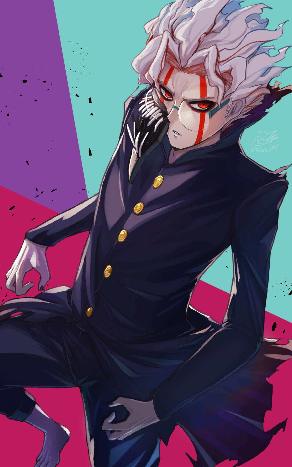 1boy alternate_form barefoot black_jacket black_pants buttons commentary dandadan facial_mark gakuran glasses highres jacket long_sleeves looking_at_viewer male_focus mask mouth_mask pants parted_lips popped_collar red_eyes round_eyewear school_uniform solo takakura_ken_(dandadan) takakura_ken_(transformed)_(dandadan) tatsumi_(panneko) torn_clothes unworn_mask white_hair