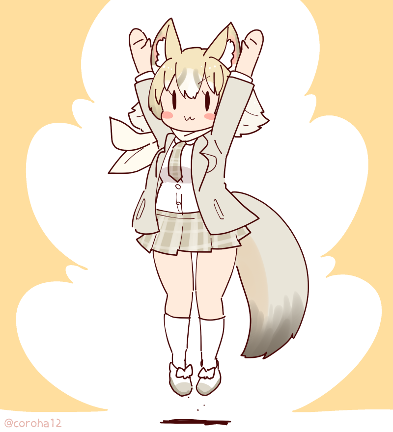 1girl animal_ears arms_up black_eyes brown_background brown_hair coroha extra_ears fox_ears fox_girl fox_tail full_body jacket jumping kemono_friends kemono_friends_3 kit_fox_(kemono_friends) looking_at_viewer necktie scarf shirt shoes short_hair simple_background skirt socks solo tail