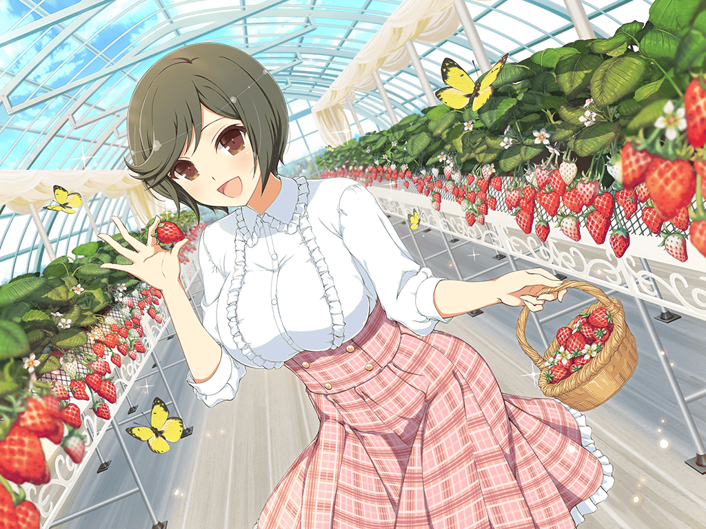 1girl breasts brown_eyes bug butterfly day dress food fruit green_hair greenhouse insect large_breasts looking_at_viewer mai_(senran_kagura) official_art plaid_clothes plaid_skirt senran_kagura senran_kagura_new_link short_hair skirt smile strawberry
