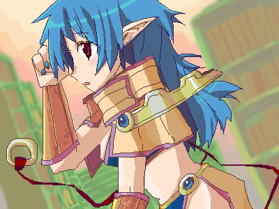 1girl 2000s_(style) bad_id bikini blue_bikini blue_hair blue_nails blush book bookshelf brown_capelet capelet fingernails indoors itou_izumo library long_hair looking_afar lowres oekaki open_mouth pointy_ears profile ragnarok_online red_eyes sage_(ragnarok_online) solo striped_capelet swimsuit upper_body
