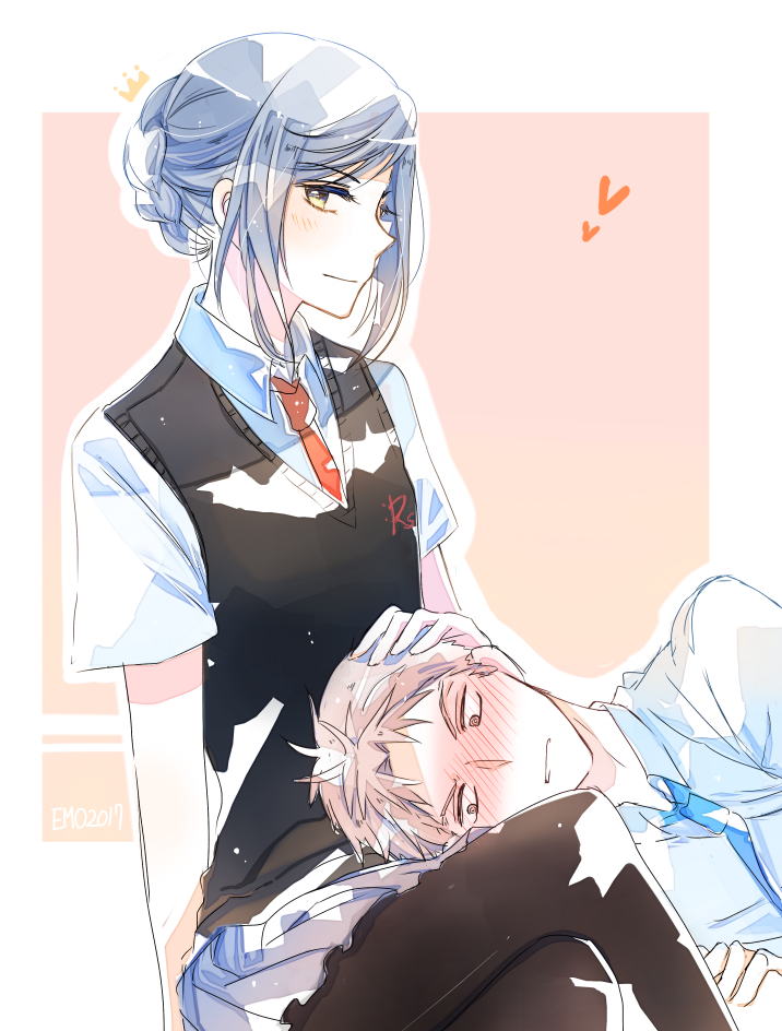 10s 1boy 1girl alternate_hair_length alternate_hairstyle black_pantyhose blue_hair blush braid brown_eyes brown_hair crossed_legs crown emo_(ricemo) french_braid gekkan_shoujo_nozaki-kun green_eyes heart hori_masayuki kashima_yuu lap_pillow necktie pantyhose pleated_skirt school_uniform sitting skirt sweater_vest