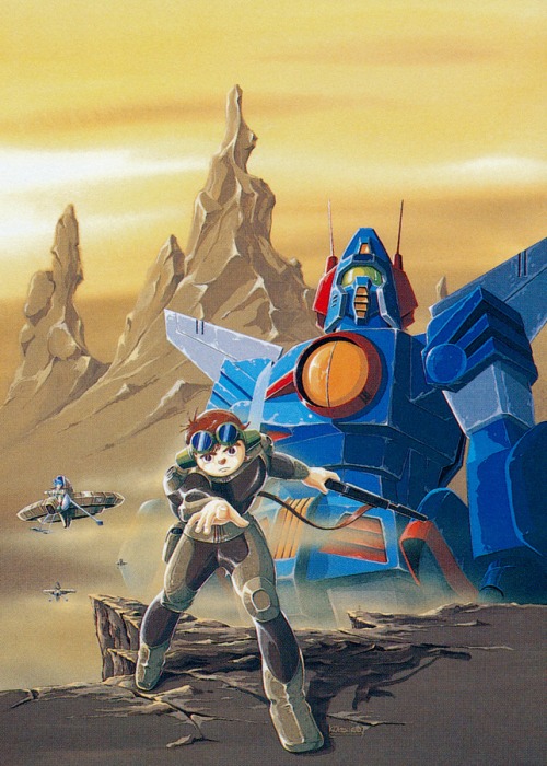 brown_hair goggles gun jiron_amos mecha official_art ookawara_kunio rag_uralo robot sentou_mecha_xabungle weapon xabungle_(mecha)