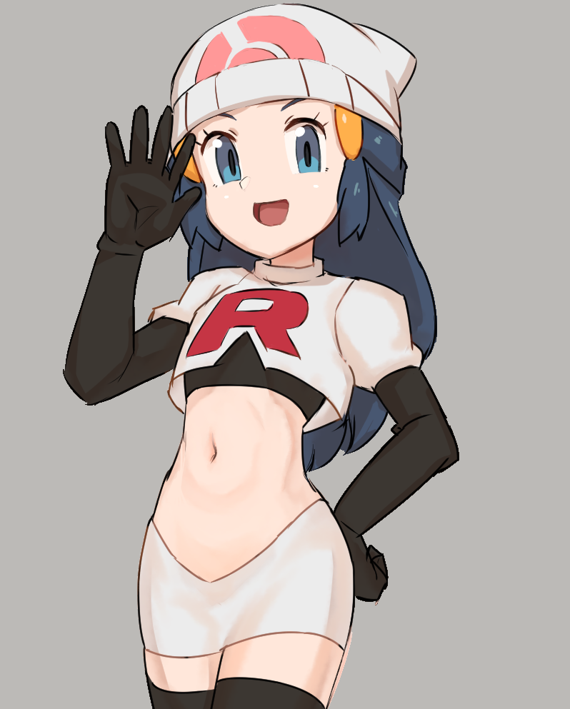 00s 1girl :d black_gloves black_thighhighs blue_eyes blue_hair breasts cosplay cowboy_shot crop_top curvy dawn_(pokemon) elbow_gloves forest gloves grey_background hair_ornament hairclip hat jessie_(pokemon) jessie_(pokemon)_(cosplay) long_hair looking_at_viewer midriff miniskirt nature navel nintendo nyonn24 open_mouth pencil_skirt poke_ball_print pokemon pokemon_(anime) pokemon_dppt pokemon_dppt_(anime) print_headwear salute shiny_skin simple_background skirt small_breasts smile solo standing stomach team_rocket team_rocket_grunt_(cosplay) team_rocket_uniform thighhighs white_hat white_skirt zettai_ryouiki