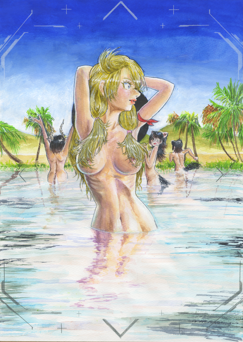 3girls aburaeoyaji animal_ears antelope_ears antelope_horns australian_devil_(kemono_friends) bare_shoulders bathing batten_japari_dan black_hair blackbuck_(kemono_friends) blonde_hair blue_eyes blush breasts calenda_(kemono_friends) completely_nude desert extra_ears hair_over_one_eye highres horns kemono_friends kemono_friends_3 lake large_breasts long_hair multicolored_hair multiple_girls navel nude oasis outdoors palm_tree partially_submerged sand shirt short_hair sky tasmanian_devil_(kemono_friends) tasmanian_devil_ears tasmanian_devil_tail tree twintails two-tone_hair water white_hair