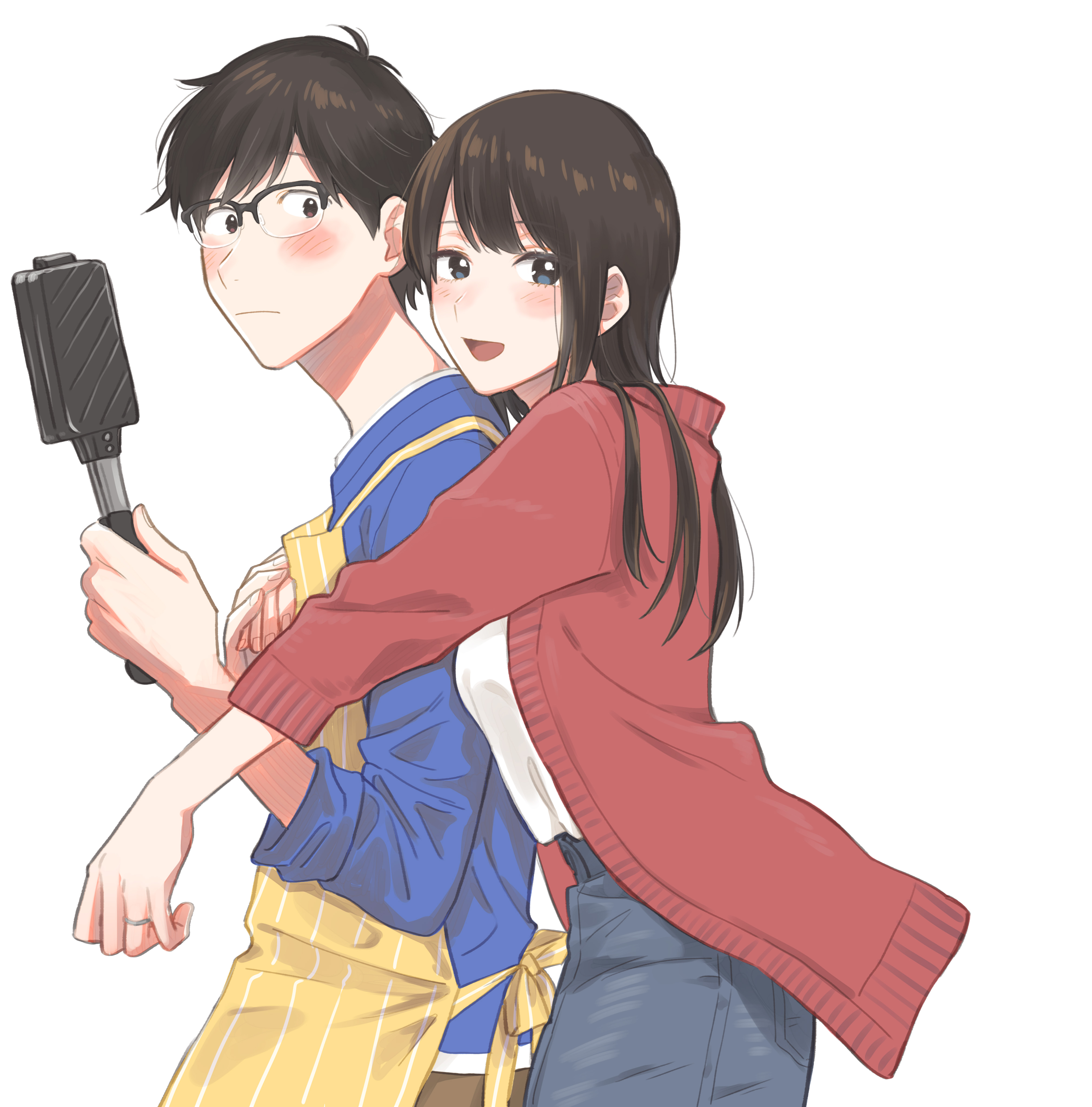 1boy 1girl :d absurdres apron black_eyes black_hair blue_eyes blue_skirt blush closed_mouth commentary_request couple from_side frying_pan fukuyama_chihiro fukuyama_kenta glasses hanatsuka hetero highres holding holding_frying_pan holding_hands jacket long_hair looking_at_another looking_at_viewer looking_to_the_side makiyakinabe official_art open_clothes open_jacket open_mouth pants red_jacket short_hair simple_background skirt smile swept_bangs textless_version white_background yaiteru_futari yellow_apron