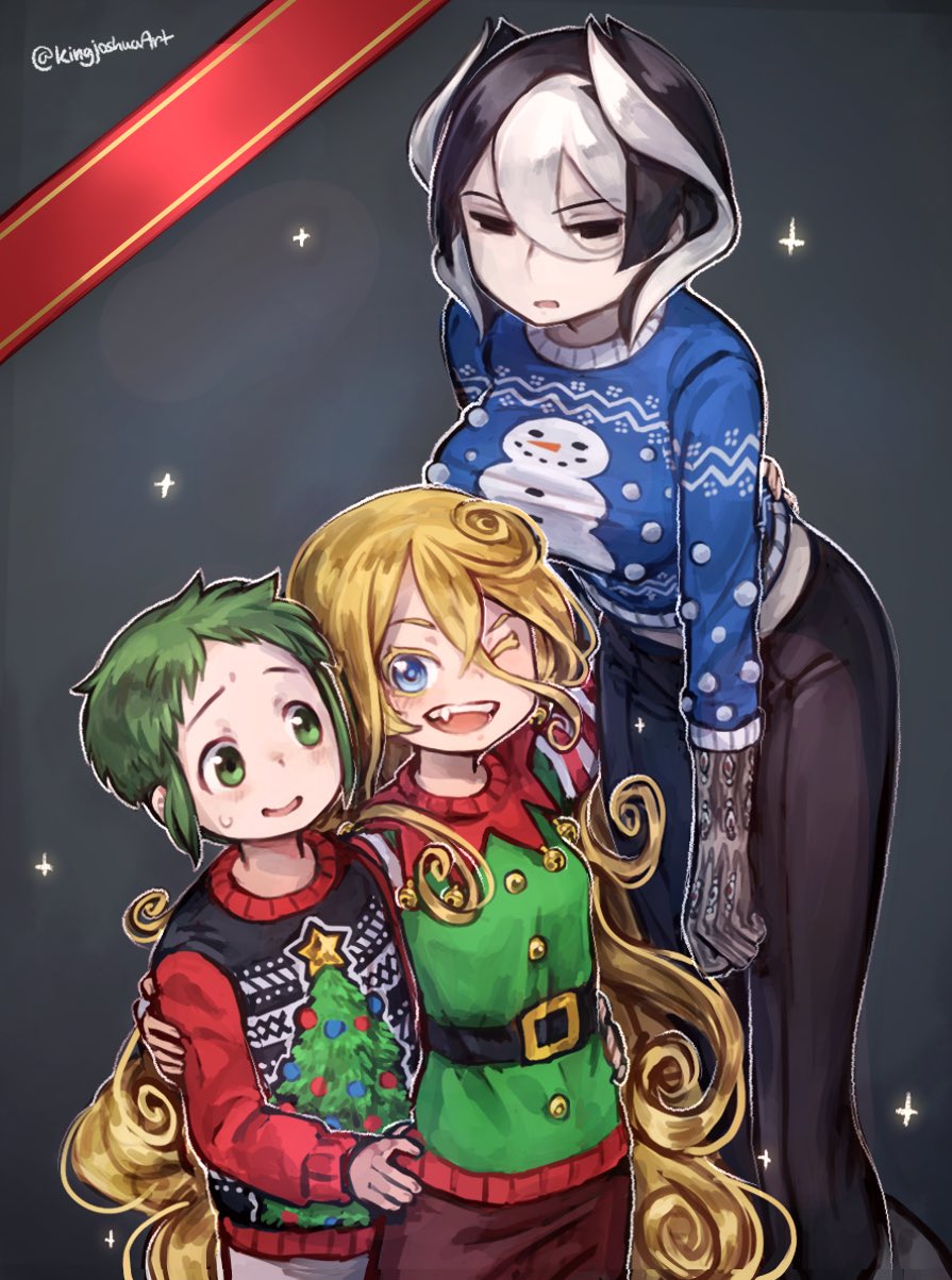 1boy 2girls alternate_costume arm_around_waist belt black_belt black_eyes black_hair black_pants blonde_hair blue_eyes blue_sweater breasts commentary_request dark_background green_eyes green_hair hair_between_eyes height_difference highres husband_and_wife kingjoshua large_breasts leaning_forward long_hair looking_at_viewer lyza_(made_in_abyss) made_in_abyss multicolored_hair multiple_girls open_mouth ozen pants red_sweater small_breasts smile standing sweat sweater teeth torka twitter_username two-tone_hair upper_teeth_only very_long_hair white_hair