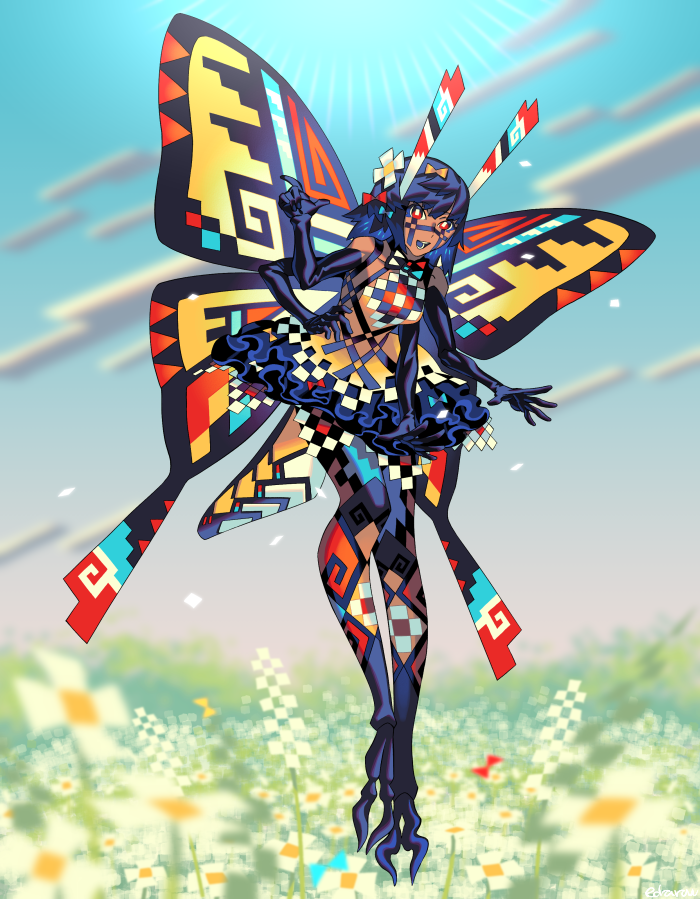 1girl animal_feet antennae arthropod_girl arthropod_tail black_gloves blue_hair blue_sky bow butterfly_girl butterfly_wings claws commentary_request dress edarow elbow_gloves extra_arms field flower flower_field flying full_body gloves hair_bow hair_flower hair_ornament insect_wings looking_at_viewer monster_girl native_american original outdoors red_eyes shirt short_dress sky solo wings yellow_shirt