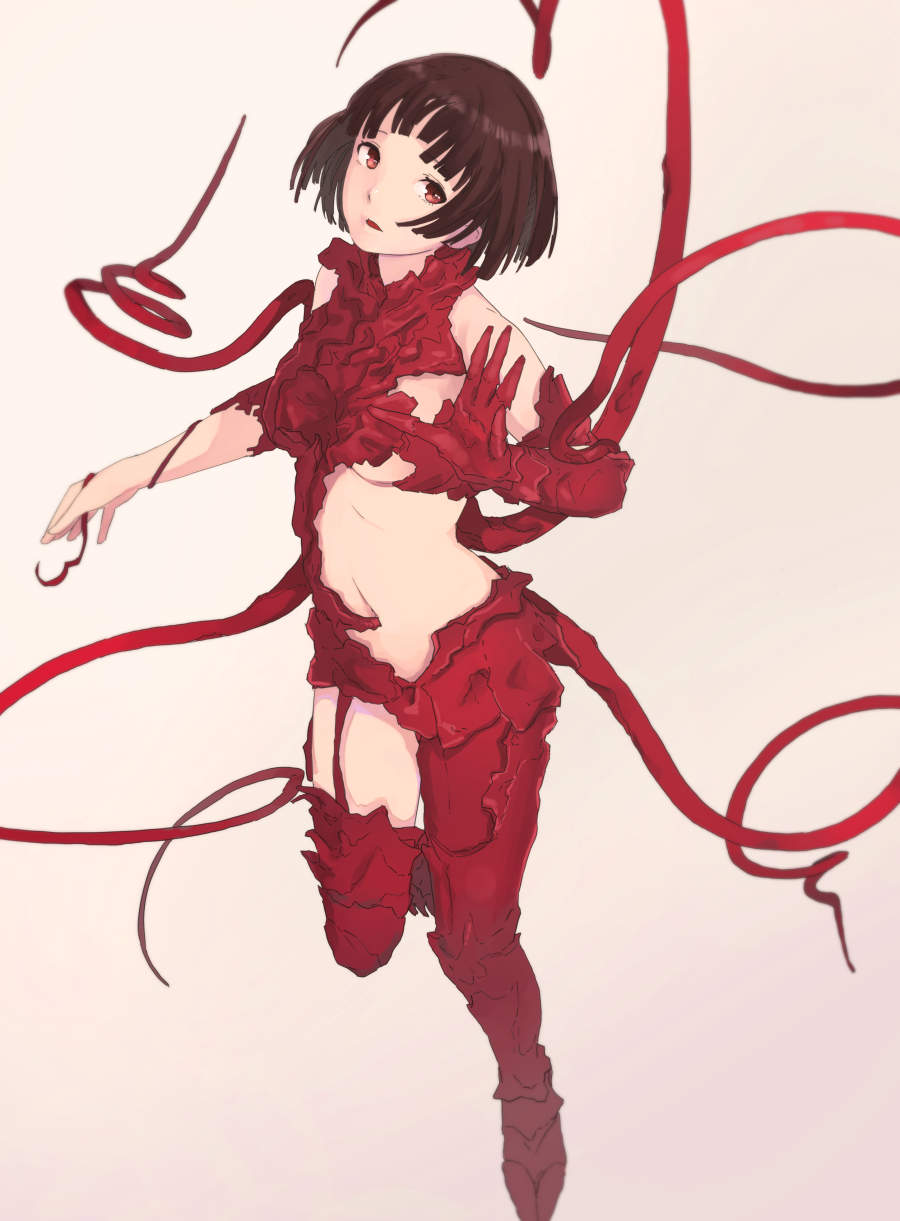 1girl brown_hair female_focus full_body gauna gauna_491 gradient_background highres looking_at_viewer monster_girl placenta_(sidonia_no_kishi) red_eyes short_hair sidonia_no_kishi solo tentacles youmak