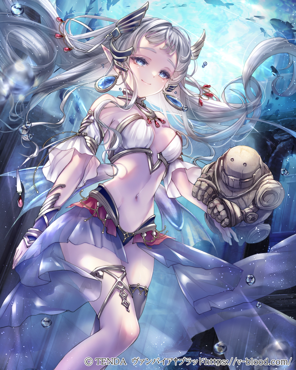 1girl alternate_form bikini bikini_skirt black_bikini black_thighhighs blue_eyes breasts closed_mouth copyright_name copyright_notice detached_sleeves fish floating_hair gold_thighlet golem grey_hair groin hair_ornament hane_segawa highres looking_at_viewer medium_breasts meir_sharl navel ocean official_art pendant_earring pointy_ears ruins short_sleeves single_bracer single_thighhigh smile solo stomach swimsuit thighhighs underwater vampire_blood white_bikini white_sleeves