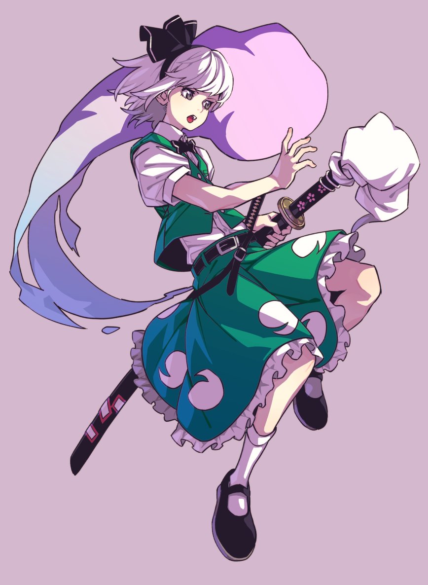 1girl belt black_belt black_bow black_bowtie black_hairband black_ribbon black_shoes bow bowtie buttons collared_shirt floating_hair floral_print frills full_body green_skirt green_vest grey_eyes hairband hitodama hitodama_print holding holding_sword holding_weapon kamabokopic katana konpaku_youmu konpaku_youmu_(ghost) looking_to_the_side ofuda open_mouth puffy_short_sleeves puffy_sleeves purple_background ribbon shirt shoes short_hair_with_long_locks short_sleeves simple_background skirt skirt_set socks solo sword teeth touhou v-shaped_eyebrows vest weapon white_hair white_shirt white_socks
