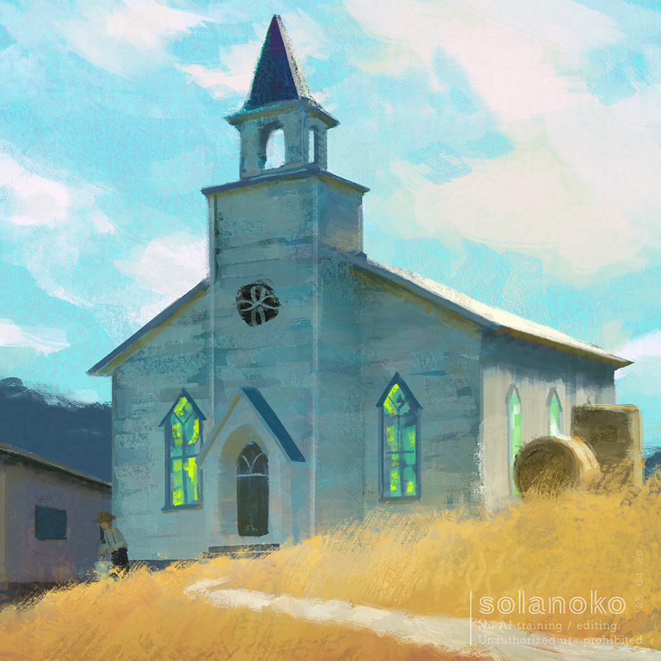 1boy artist_name blue_sky brown_hat building church cloud cloudy_sky day hat hay original outdoors scenery shirt sky solanoko solo suspenders white_shirt