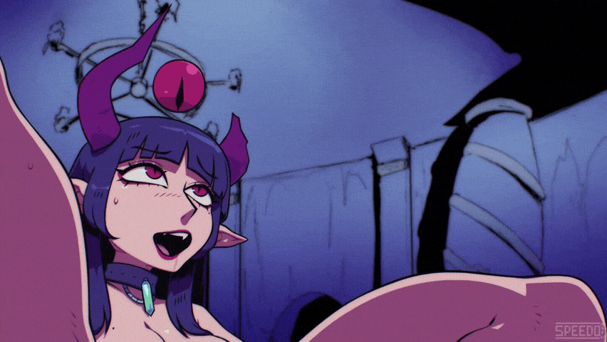 1girl animated animated_gif blue_hair broken_horn choker crystal disembodied_eye dress fangs female_ejaculation female_orgasm floating floating_object horns jewelry legs_apart lithica necklace night nude open_mouth orgasm pee peeing pointy_ears purple_horns red_eyes rolling_eyes speedoru spread_legs squirting_liquid twitching