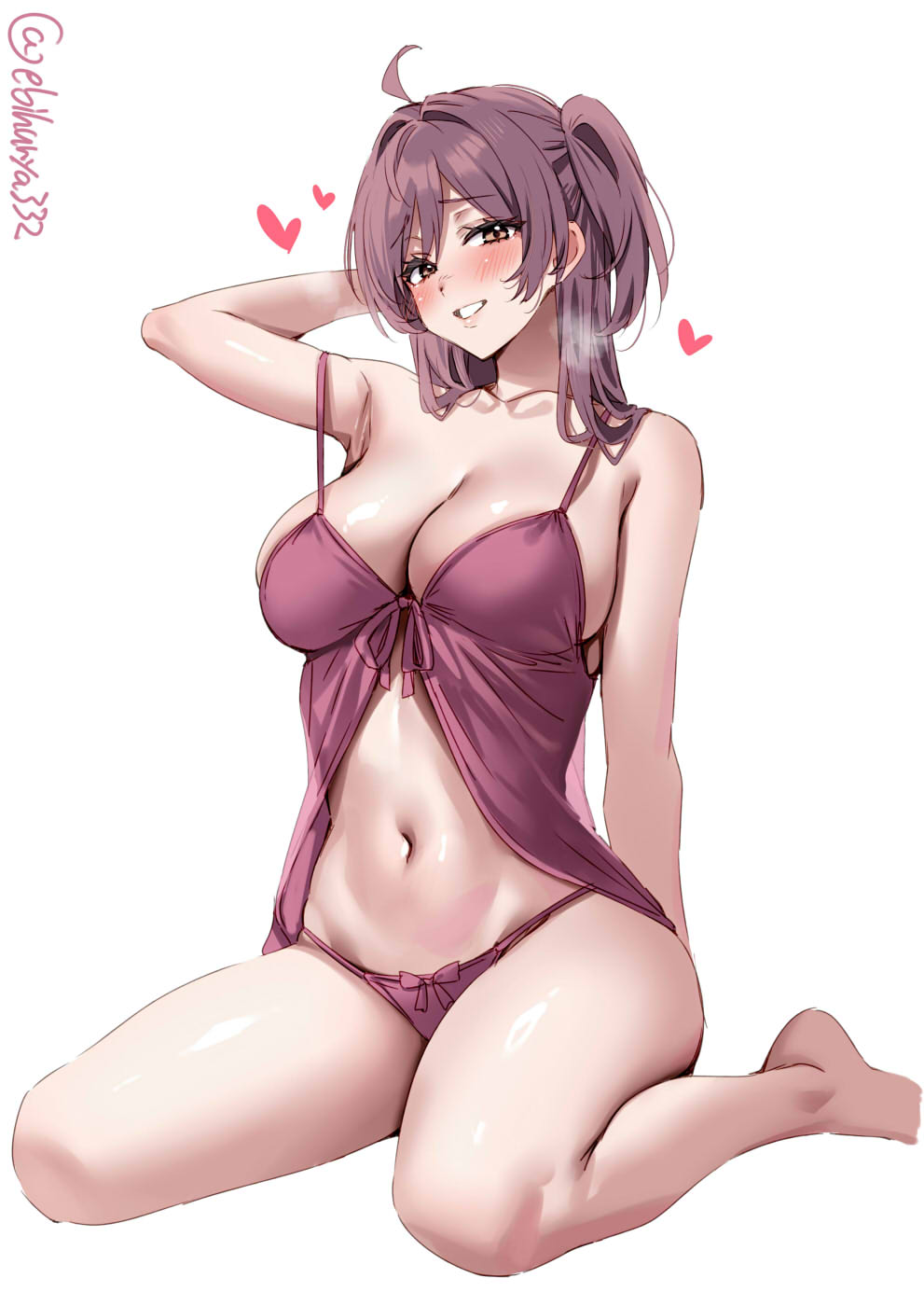1girl ahoge arm_behind_back arm_up artist_name babydoll bare_arms bare_legs bare_shoulders barefoot black_hair blush bow bow_panties breasts breath brown_eyes cleavage collarbone commentary ebifurya full_body hagikaze_(kancolle) hair_intakes hand_up heart highres kantai_collection large_breasts long_hair looking_at_viewer navel one-hour_drawing_challenge one_side_up panties purple_hair purple_panties red_babydoll red_panties simple_background sitting skindentation solo stomach strap_slip thighs twitter_username underwear underwear_only wariza white_background