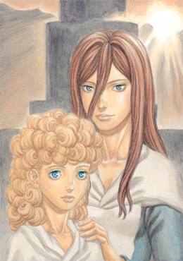 1990s_(style) 2girls berserk blonde_hair blue_eyes brown_hair building curly_hair hand_on_shoulder lamiu long_hair lowres luka multiple_girls nina sun