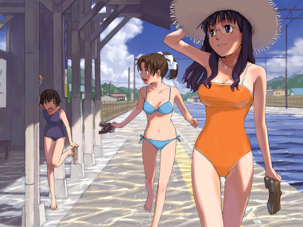 3girls barefoot bikini blue_bikini blue_eyes brown_hair day feet flood flooded glasses hand_on_headwear hat holding holding_shoes long_hair multiple_girls naruko_hanaharu one-piece_swimsuit orange_one-piece_swimsuit original ponytail purple_hair school_swimsuit shoes short_hair side-tie_bikini_bottom slice_of_life straw_hat string_bikini sun_hat swimsuit train_station water