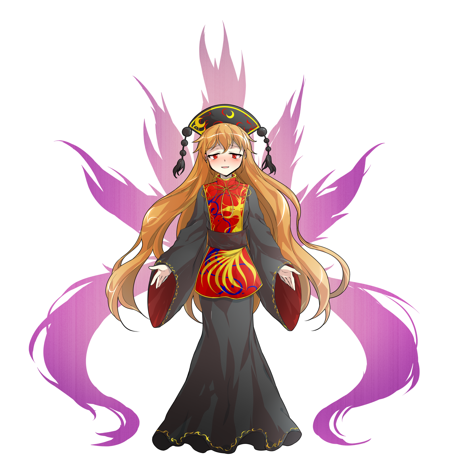1girl belt black_dress black_hat blush brown_belt chinese_clothes commentary_request crescent crescent_print dairi dalachi_(headdress) dress energy full_body hair_between_eyes half-closed_eyes hat highres junko_(touhou) long_dress long_hair long_sleeves looking_at_viewer mandarin_collar neck_ribbon open_mouth orange_hair phoenix_print pom_pom_(clothes) red_eyes red_tabard ribbon simple_background smile solo standing tabard tachi-e tassel touhou transparent_background wavy_hair wide_sleeves yellow_ribbon