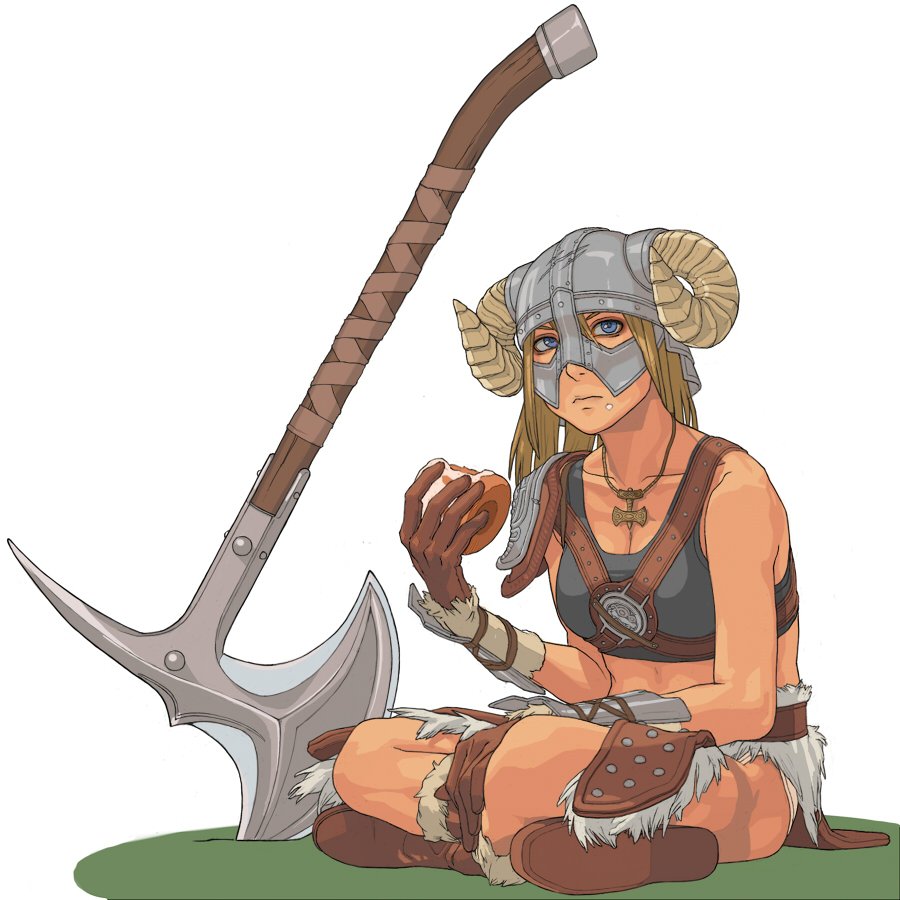 1girl arm_guards armor axe bare_shoulders black_sports_bra blonde_hair blue_eyes boots breasts brown_boots brown_gloves cleavage closed_mouth collarbone commentary dovahkiin english_commentary fake_horns food food_on_face fur-trimmed_armor fur_trim gloves grey_helmet hair_between_eyes hand_on_own_leg hand_up helmet holding holding_food horned_helmet horns icing jewelry leather_armor long_hair looking_up medium_breasts mi_mi_zo necklace planted planted_axe simple_background single_bare_shoulder single_shoulder_pad sitting solo sports_bra the_elder_scrolls the_elder_scrolls_v:_skyrim white_background
