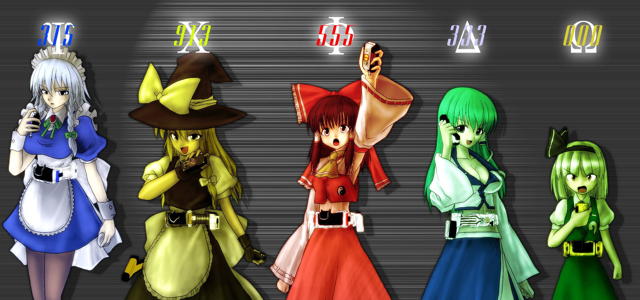 5girls belt cellphone crossover hakurei_reimu henshin henshin_pose highres izayoi_sakuya kamen_rider kamen_rider_555 kamen_rider_delta kamen_rider_faiz kamen_rider_kaixa kamen_rider_orga kamen_rider_psyga kamishima_kanon kirisame_marisa kochiya_sanae konpaku_youmu multiple_girls parody phone touhou