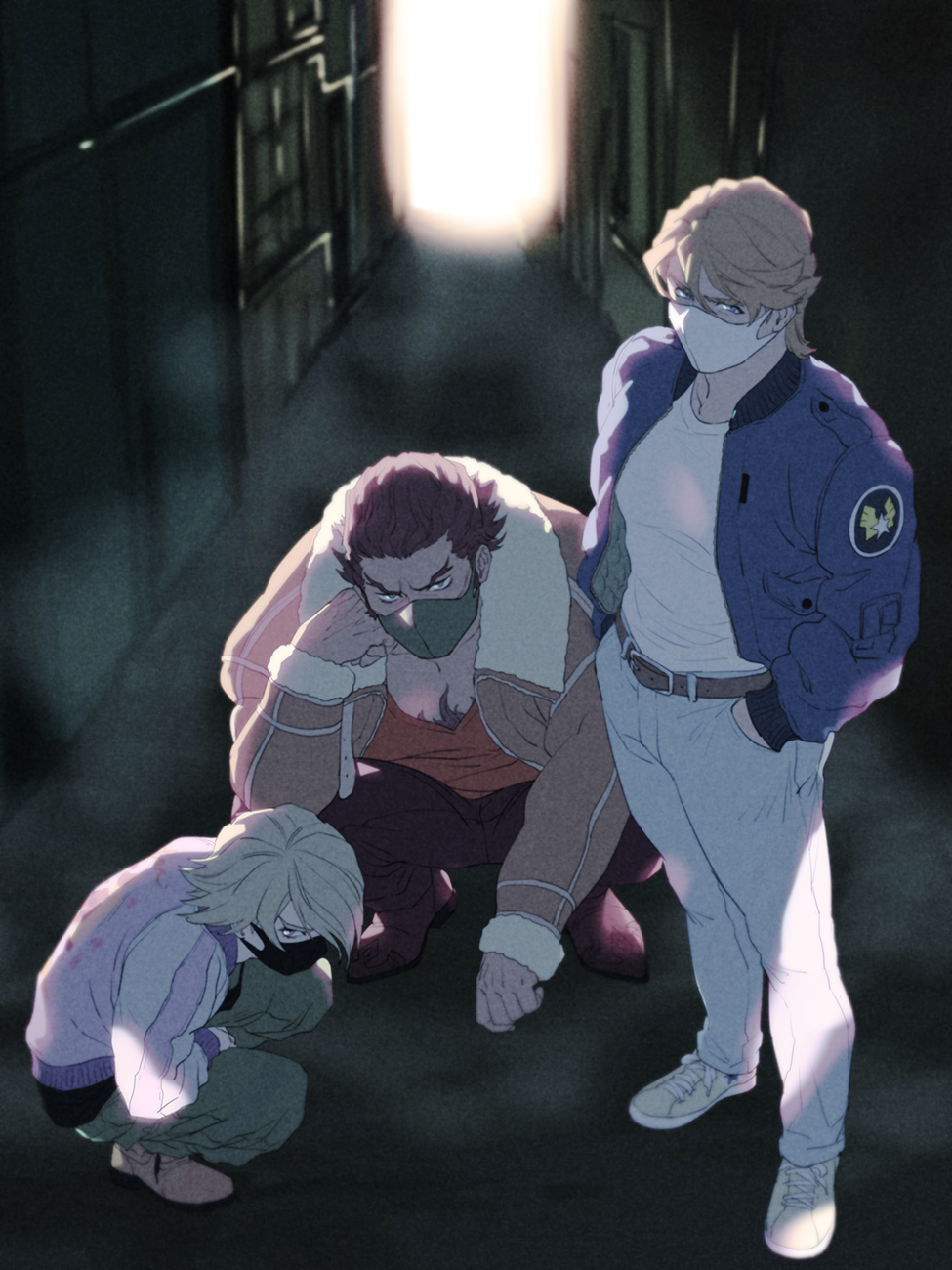 3boys alley antonio_lopez belt between_legs blonde_hair blue_eyes blue_jacket bomber_jacket brown_belt brown_footwear brown_hair brown_jacket brown_pants chest_hair commentary denim film_grain forked_eyebrows fur-trimmed_jacket fur-trimmed_sleeves fur_trim green_pants hair_over_one_eye hair_slicked_back hand_between_legs hand_on_own_face hands_in_pockets head_rest highres ivan_karelin jacket jeans keith_goodman looking_at_viewer looking_to_the_side male_focus mamemo_(daifuku_mame) mask mouth_mask multiple_boys open_clothes open_jacket pants purple_jacket shirt shoes sneakers squatting tiger_&amp;_bunny white_footwear white_fur white_shirt