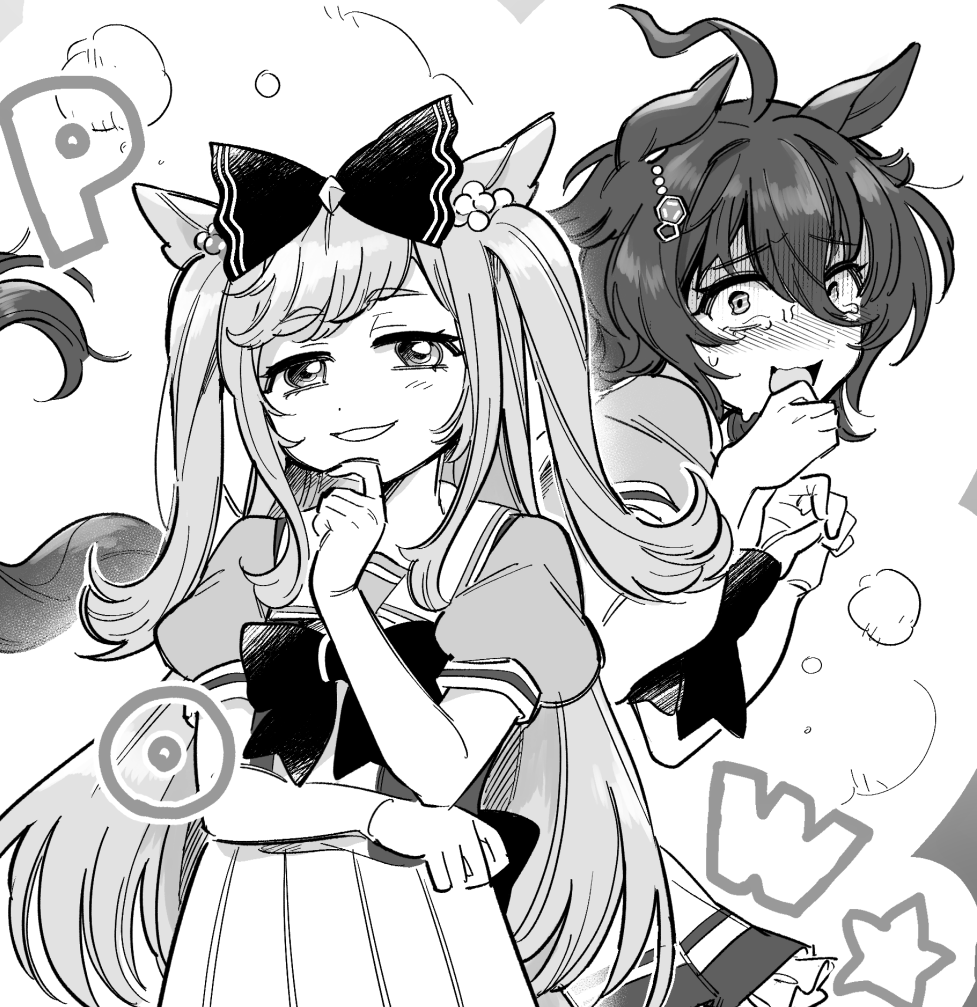 2girls agnes_digital_(umamusume) agnes_tachyon_(umamusume) ahoge animal_ears blush bow bowtie earrings greyscale hair_between_eyes hair_bow horse_ears horse_girl horse_tail jewelry long_hair looking_at_viewer medium_hair monochrome multiple_girls open_mouth personality_switch pleated_skirt puffy_short_sleeves puffy_sleeves ribbon sailor_collar sailor_shirt school_uniform serafuku shirt short_hair short_sleeves single_earring skirt smile tail tracen_school_uniform umamusume white_background yokuko_zaza