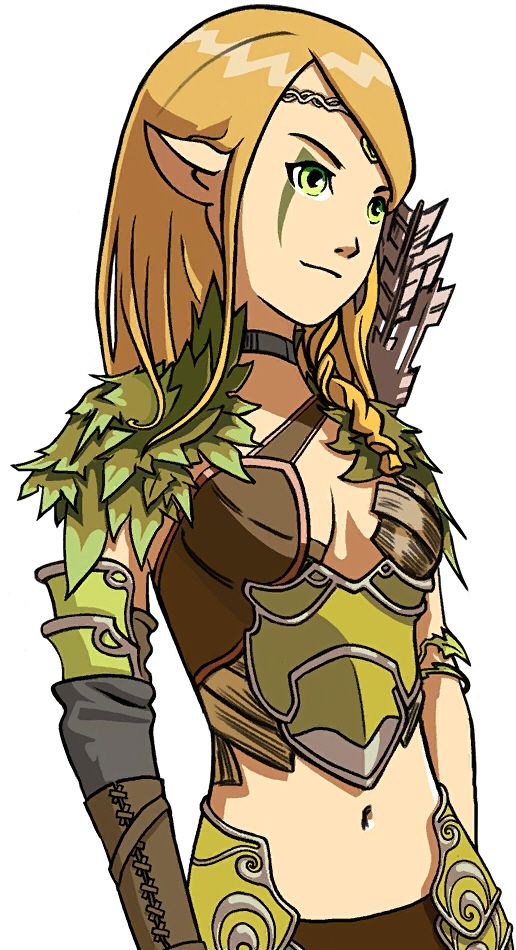1girl anwen arm_guards armor arrow_(projectile) blonde_hair bracelet braid breasts choker clash_of_heroes diadem elf faulds gauntlets green_eyes hunter jewelry leather leaves long_hair makeup medium_breasts might_and_magic navel official_art pointy_ears shoulder_pads smile solo ubisoft white_background wood