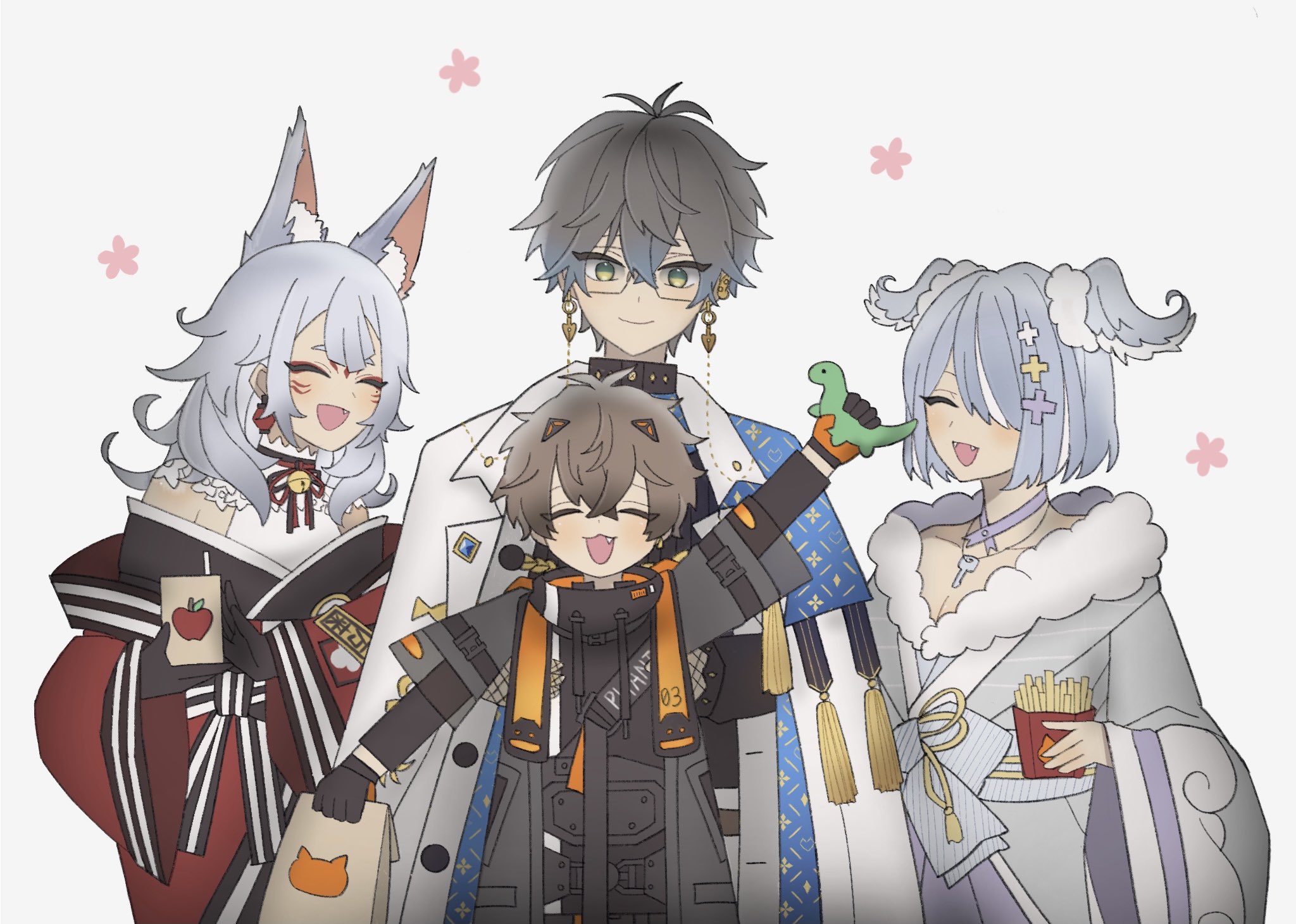 2boys 2girls aged_down alban_knox alban_knox_(1st_costume) animal_ears bell belt black_gloves black_shirt blue_capelet blue_hair bob_cut breasts brown_hair capelet child cleavage closed_eyes closed_mouth coat cowboy_shot crossed_bangs earrings elira_pendora elira_pendora_(2nd_costume) eyewear_strap facing_viewer fang fangs flower food fox_ears french_fries glasses gloves gradient_hair green_eyes grey_hair hair_between_eyes hair_ornament hair_over_one_eye halterneck head_wings high_collar highres holding holding_juice_box holding_toy ike_eveland ike_eveland_(1st_costume) jewelry key lantern_earrings long_sleeves looking_at_another looking_down multicolored_hair multiple_boys multiple_girls neck_bell nemi2357 nijisanji nijisanji_en nina_kosaka nina_kosaka_(1st_costume) open_mouth orange_gloves pants shirt short_hair simple_background standing streaked_hair tassel toy virtual_youtuber white_background white_coat white_hair white_pants wide_sleeves wings x_hair_ornament