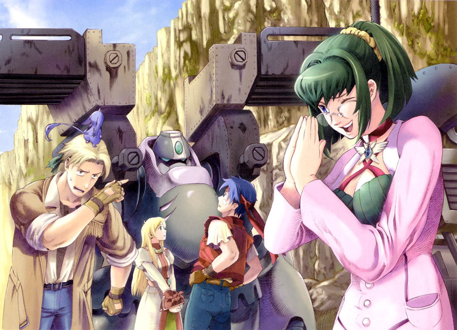 2boys 2girls belt blonde_hair blue_eyes blue_hair breasts brooch brown_hair canyon cecilia_lynne_adelhyde choker coat creature day dress emma_hetfield glasses gloves green_eyes green_hair hair_intakes hair_ornament hairpin hand_on_own_hip hanpan happy headband jack_van_burace jewelry juliet_sleeves long_hair long_sleeves mecha medium_breasts multiple_boys multiple_girls official_art one_eye_closed ooba_wakako open_mouth pants pointing ponytail puffy_sleeves robot rody_roughnight scan scan_artifacts shirt short_hair sky sweat tail vest white_background wild_arms wild_arms_1 wing_brooch