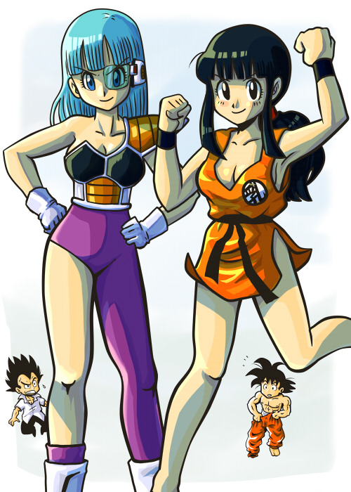 2boys 2girls armor armpits asymmetrical_clothes bare_shoulders black_hair blue_eyes blue_hair bottomless breasts brown_eyes bulma chi-chi_(dragon_ball) chibi cleavage clothes_writing cosplay dragon_ball dragonball_z hand_on_own_hip hime_cut hip_focus long_hair matirine multiple_boys multiple_girls ponytail single_pantsleg sleeveless son_goku_(cosplay) son_goku vegeta vegeta_(cosplay)
