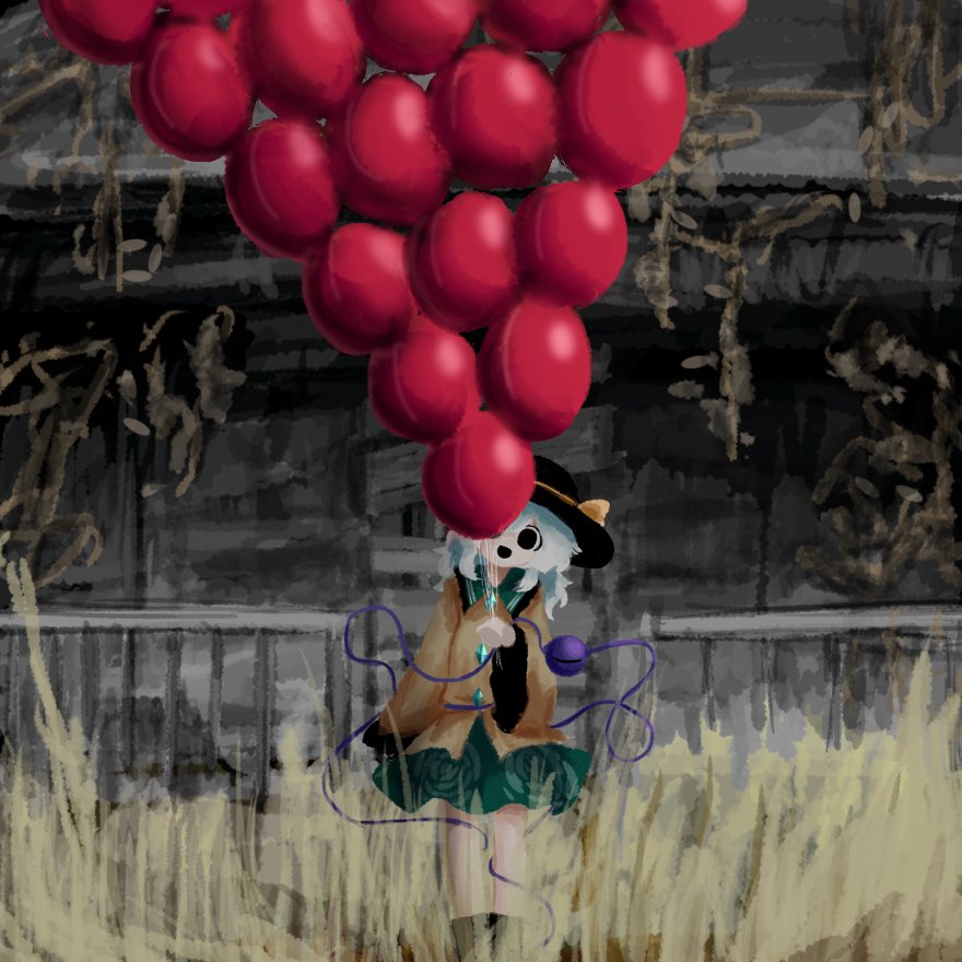 1girl balloon black_boots black_eyes black_hat boots buttons diamond_button eyeball floral_print frilled_shirt_collar frilled_sleeves frills grass green_hair green_skirt hat hat_ribbon heripantomorrow holding holding_balloon horror_(theme) it_(stephen_king) komeiji_koishi outdoors ribbon rose_print scene_reference shirt skirt smile tall_grass third_eye touhou wide_sleeves yellow_ribbon yellow_shirt