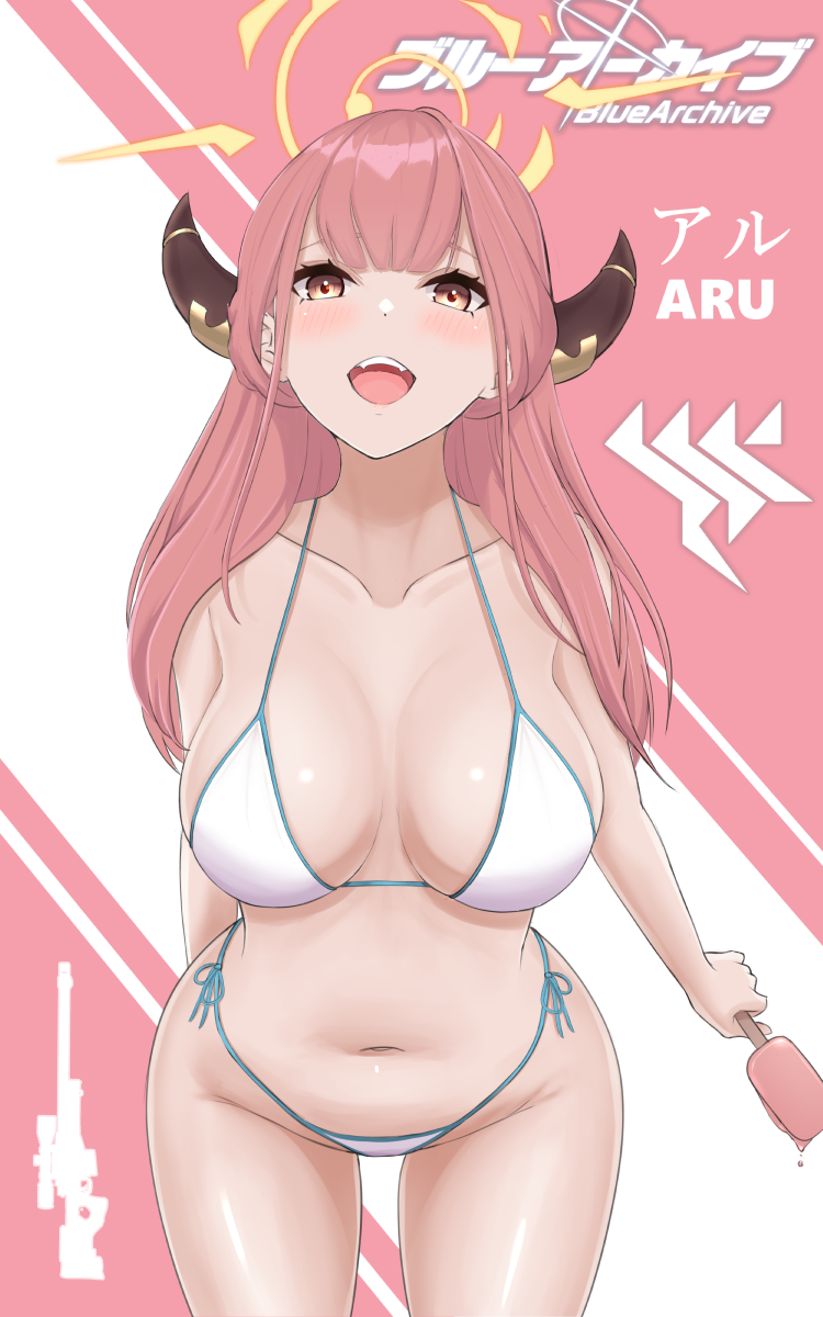 1girl aru_(blue_archive) bikini blue_archive breasts cleavage collarbone cowboy_shot food halo halterneck highres horns large_breasts long_hair looking_at_viewer navel open_mouth pink_hair popsicle red_eyes side-tie_bikini_bottom smile solo string_bikini swimsuit thighs vik_(xypt7474) white_bikini
