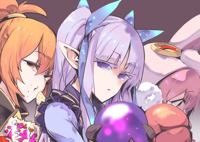 3girls animal_ears brown_background brown_eyes chips_(food) closed_mouth colored_eyelashes commentary_request disgust eating food glaring holding holding_staff ito_ryo kyoka_(princess_connect!) little_lyrical long_hair looking_at_viewer mimi_(princess_connect!) misogi_(princess_connect!) multiple_girls orange_hair pink_hair ponytail potato_chips princess_connect! purple_eyes purple_hair rabbit_ears shaded_face short_hair sidelocks simple_background staff twintails upper_body v-shaped_eyebrows