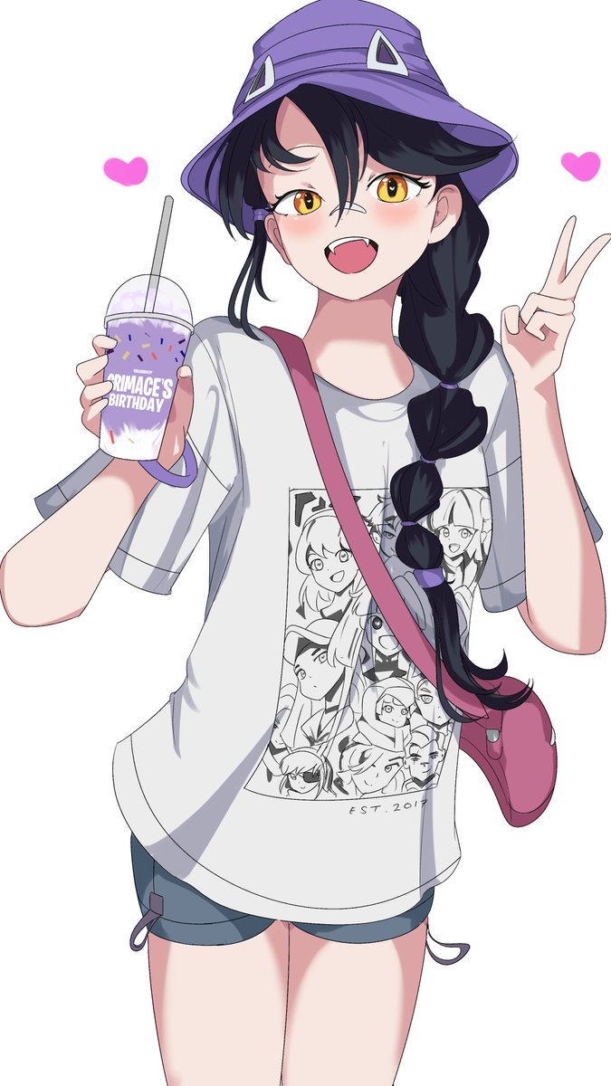 1girl bandage_on_face bandages black_hair bracelet braid bucket_hat cup erisa_(fortnite) fang fanny_pack fortnite grimace_shake_(meme) hat heart heart-shaped_pupils highres holding holding_cup jewelry long_hair looking_at_viewer meme official_alternate_costume open_mouth shirt shorts side_braid single_braid smile solo symbol-shaped_pupils thehollowhusk v white_shirt yellow_eyes