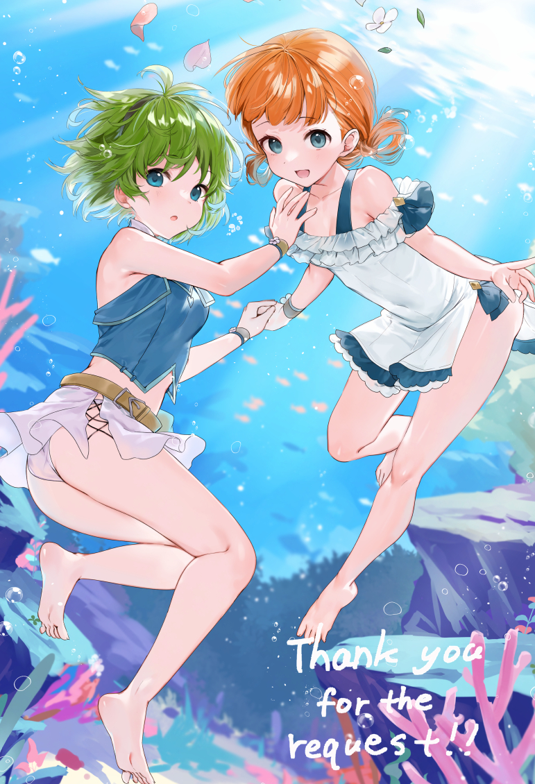 2girls alternate_costume annette_fantine_dominic ass belt bikini blue_bikini blue_eyes blush breasts commission crop_top fire_emblem fire_emblem:_the_blazing_blade fire_emblem:_three_houses green_hair hairband haru_(nakajou-28) looking_at_viewer midriff multiple_girls nino_(fire_emblem) nintendo one-piece_swimsuit open_mouth orange_hair short_hair skirt small_breasts smile swimsuit white_one-piece_swimsuit