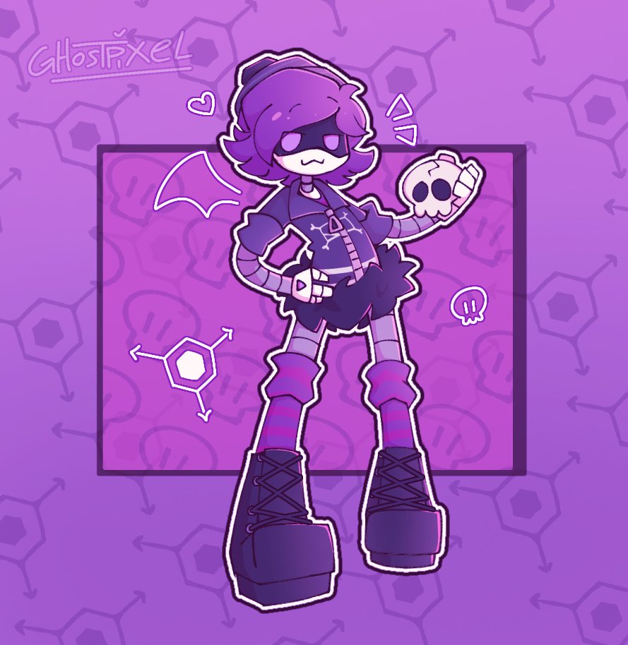 1girl :3 beanie_hat boots choker glitch_productions hat murder_drones purple_eyes purple_hair robot skull striped_legwear uzi_(murder_drones)