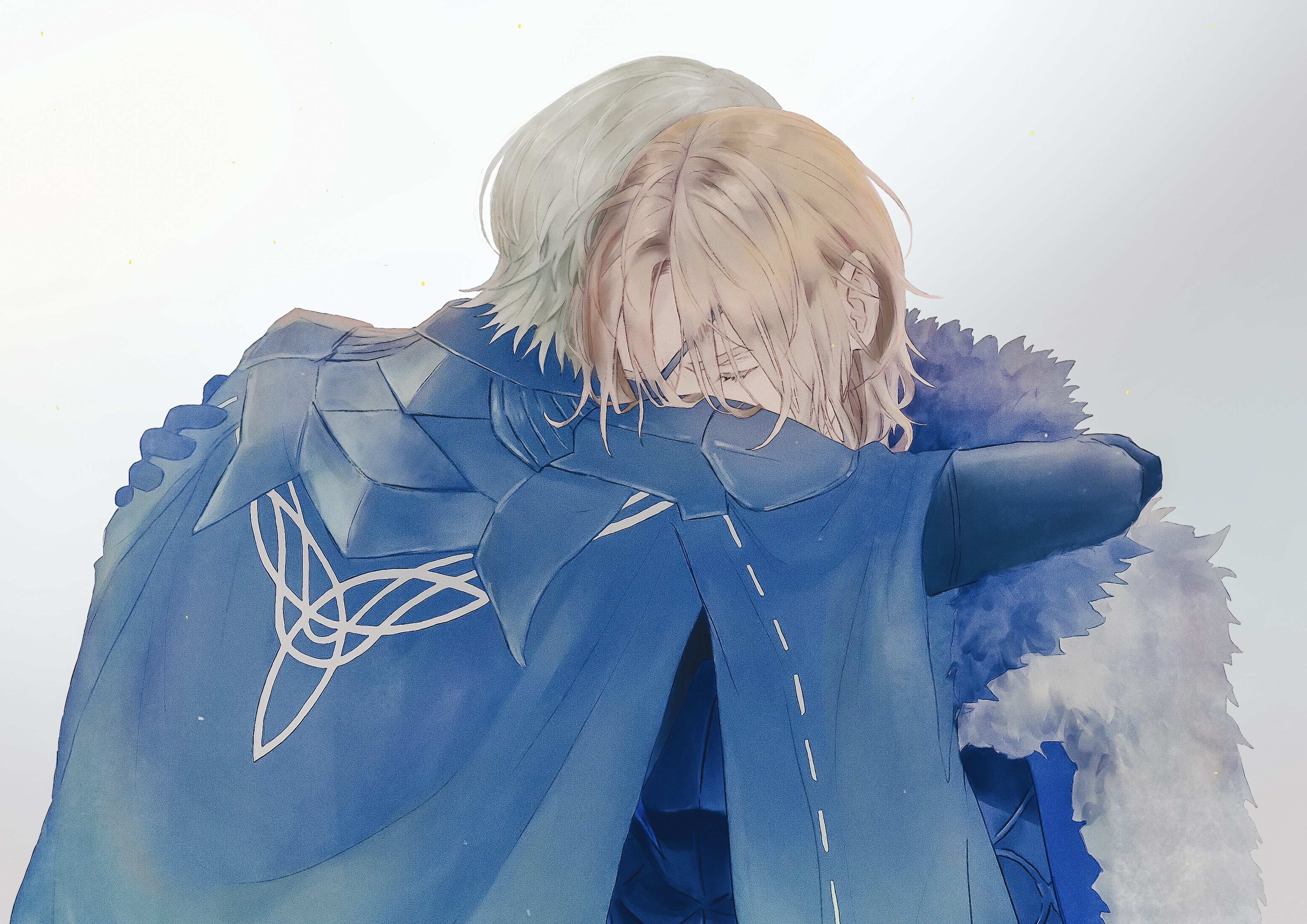 2boys absurdres arm_around_neck armor black_armor black_cape black_fur blonde_hair blue_cape breastplate male_byleth_(enlightened)_(fire_emblem) male_byleth_(fire_emblem) cape closed_eyes commentary_request dimitri_alexandre_blaiddyd dimitri_alexandre_blaiddyd_(timeskip) eyelashes eyepatch fire_emblem fire_emblem:_three_houses gorget green_hair hair_behind_ear hand_on_another's_shoulder highres hug male_focus multiple_boys mutual_hug nintendo one_eye_covered parted_hair simple_background upper_body utatanedeko white_background white_fur