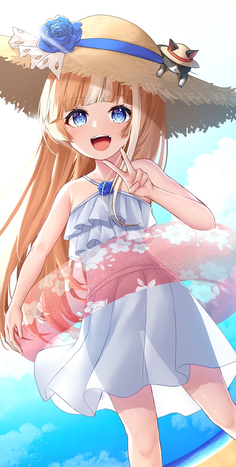 1girl akikawa_yayoi_(umamusume) alternate_costume animal animal_on_head bare_shoulders blue_eyes blue_flower blue_ribbon blue_rose blunt_bangs cat cat_on_head commentary_request diffraction_spikes dress_swimsuit ears_through_headwear feet_out_of_frame flower frilled_one-piece_swimsuit frills hat hat_flower hat_ribbon highres innertube long_hair looking_at_viewer merxkialis multicolored_hair on_head one-piece_swimsuit open_mouth orange_hair outdoors ribbon rose see-through_clothes single_sidelock solo straw_hat summer sun_hat swim_ring swimsuit teeth two-tone_hair umamusume upper_teeth_only v white_hair white_one-piece_swimsuit