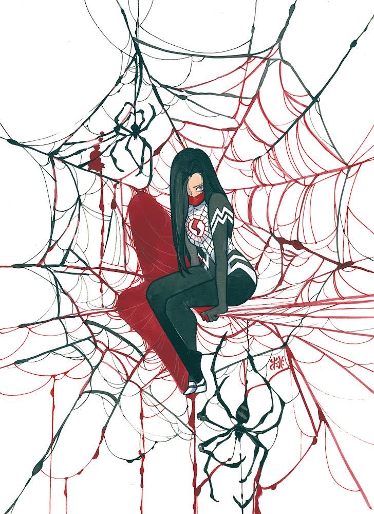 1girl black_bodysuit black_hair bodysuit bug commentary full_body hair_over_one_eye long_hair looking_at_viewer marvel mask mouth_mask peach_momoko shadow silk silk_(marvel) sitting spider spider-man_(series) spider_web spider_web_print superhero_costume