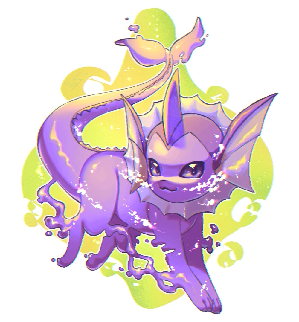 :3 alternate_color border closed_mouth commentary_request gen_1_pokemon looking_at_viewer nintendo no_humans pokemon pokemon_(creature) purple_eyes s_(esumi_kihomaru) shiny_pokemon smile solo vaporeon white_border