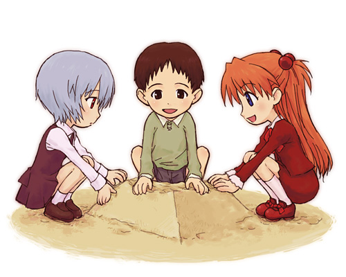1boy 2girls aged_down artist_request ayanami_rei blue_eyes blue_hair brown_hair building_sand_sculpture emoncake. ikari_shinji long_hair lowres multiple_girls neon_genesis_evangelion red_eyes red_hair sand_castle sand_sculpture school_uniform serafuku short_hair smile souryuu_asuka_langley the_end_of_evangelion twintails