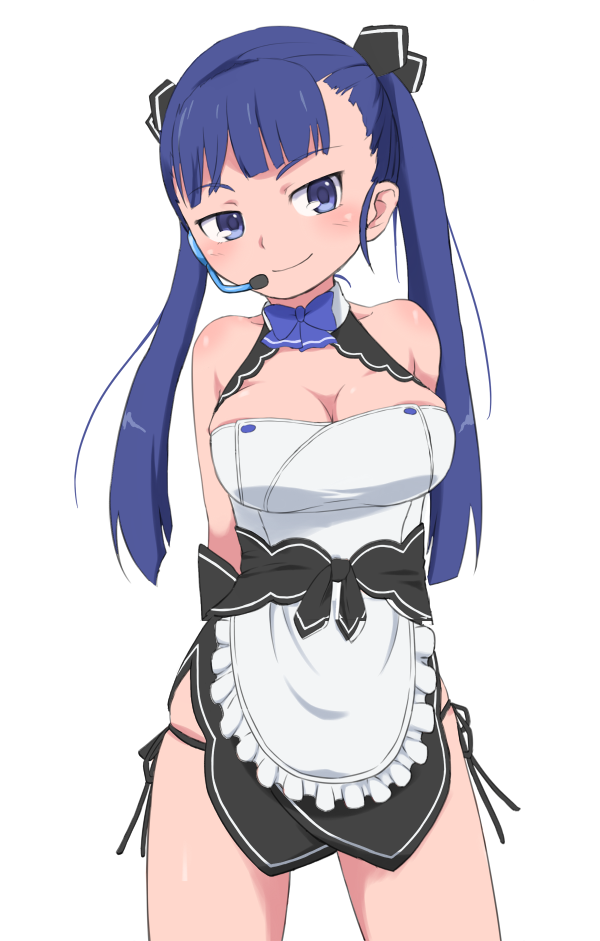 1girl apron arms_behind_back bare_shoulders black_panties black_ribbon blue_bow blue_bowtie blue_eyes blue_hair blunt_bangs blush bow bowtie breasts bubukka buttons character_request cleavage cleavage_cutout closed_mouth clothing_cutout cowboy_shot dream_c_club dream_c_club_(series) dream_c_club_gogo. dress female_focus frilled_apron frills hair_ribbon halterneck headset hostess large_breasts legs_apart light_smile long_hair looking_at_viewer looking_to_the_side lowleg lowleg_panties maid_apron medium_breasts naughty_face panties panty_straps ribbon rinrin_(dream_c_club_gogo.) sash short_dress side-tie_panties side_slit simple_background skindentation smile solo standing straight_hair string_panties taut_clothes twintails underwear waist_apron white_background
