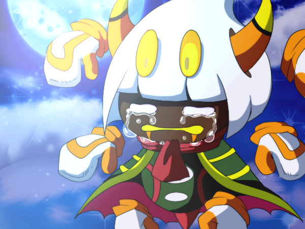 cape crying green_cape horns kirby:_triple_deluxe kirby_(series) koke_ojisan moon night night_sky nintendo rayman_limbs red_scarf sad scarf sky taranza tears white_hair