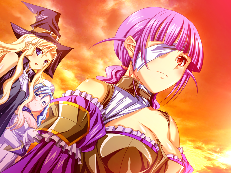 3girls agnes_ardbeg_augustus blonde_hair blue_eyes blue_hair blush braid cleo_cragganmore game_cg glasses hairband harem_party hat long_hair multiple_girls pointy_ears purple_hair red_eyes single_braid sofisutia_gushigusu witch_hat