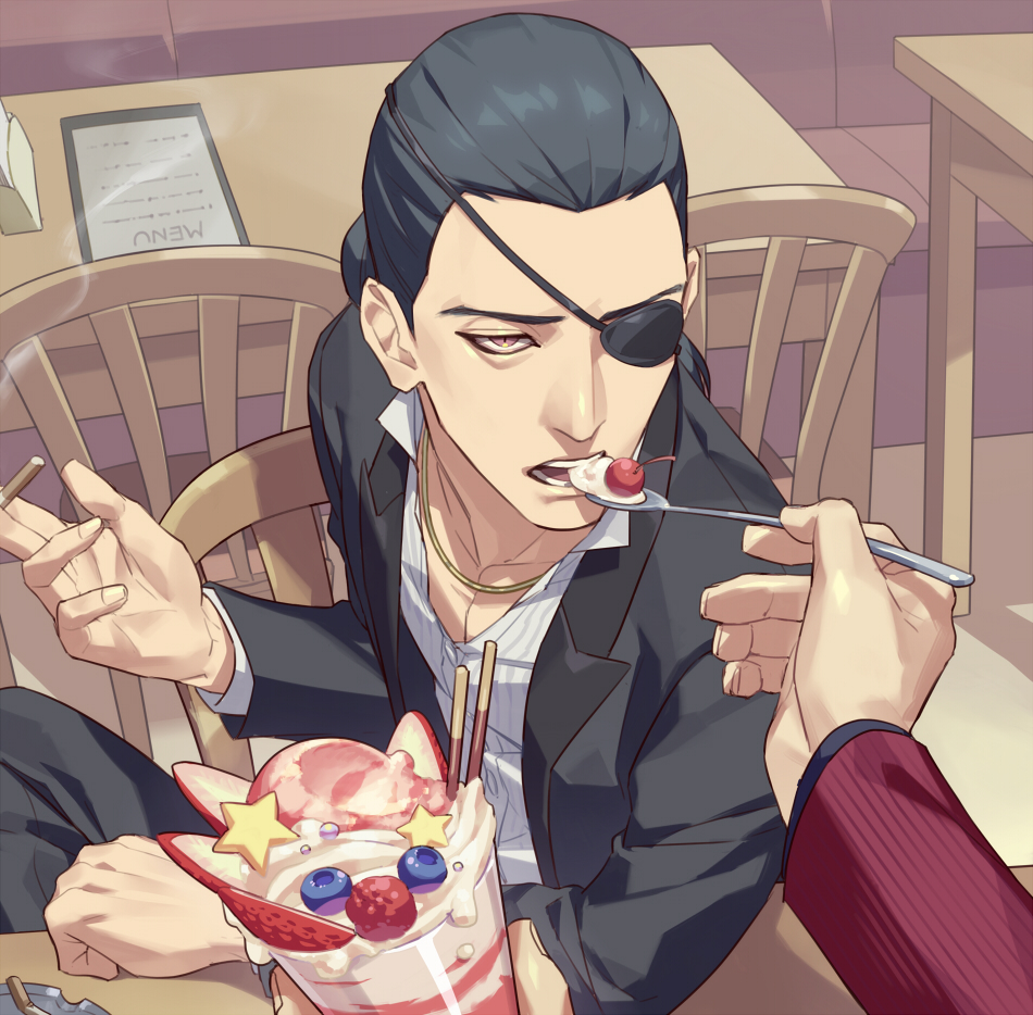 2boys bags_under_eyes black_hair black_jacket blueberry brown_eyes chain chair cherry cigarette collarbone collared_shirt commentary cup dress_shirt eating eyepatch feeding food forehead formal_clothes fruit gold_chain hair_pulled_back holding holding_cigarette holding_spoon ice_cream jacket jewelry long_sleeves looking_at_viewer majima_goro male_focus medium_hair menu multiple_boys nishitani_homare one_eye_covered open_clothes open_jacket open_mouth open_shirt parfait pinstripe_pattern pinstripe_shirt pocky ponytail pov pov_hands red_suit ryuu_ga_gotoku_(series) shirt sitting spoon striped suit talgi teeth white_shirt wooden_chair