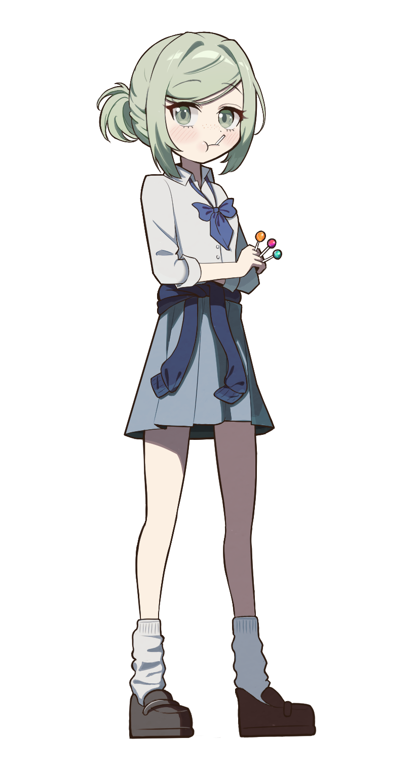 1girl :t between_fingers black_shoes blue_bow blue_bowtie blue_skirt bow bowtie candy clothes_around_waist collared_shirt crossed_arms food food_in_mouth freckles full_body grey_eyes grey_hair hair_bun highres holding holding_candy holding_food holding_lollipop legs_apart loafers lollipop long_sleeves looking_at_viewer loose_socks miniskirt pleated_skirt reverse:1999 school_uniform shirt shoes short_hair single_side_bun skirt socks solo standing thiepriest transparent_background vertin_(reverse:1999) white_shirt white_socks