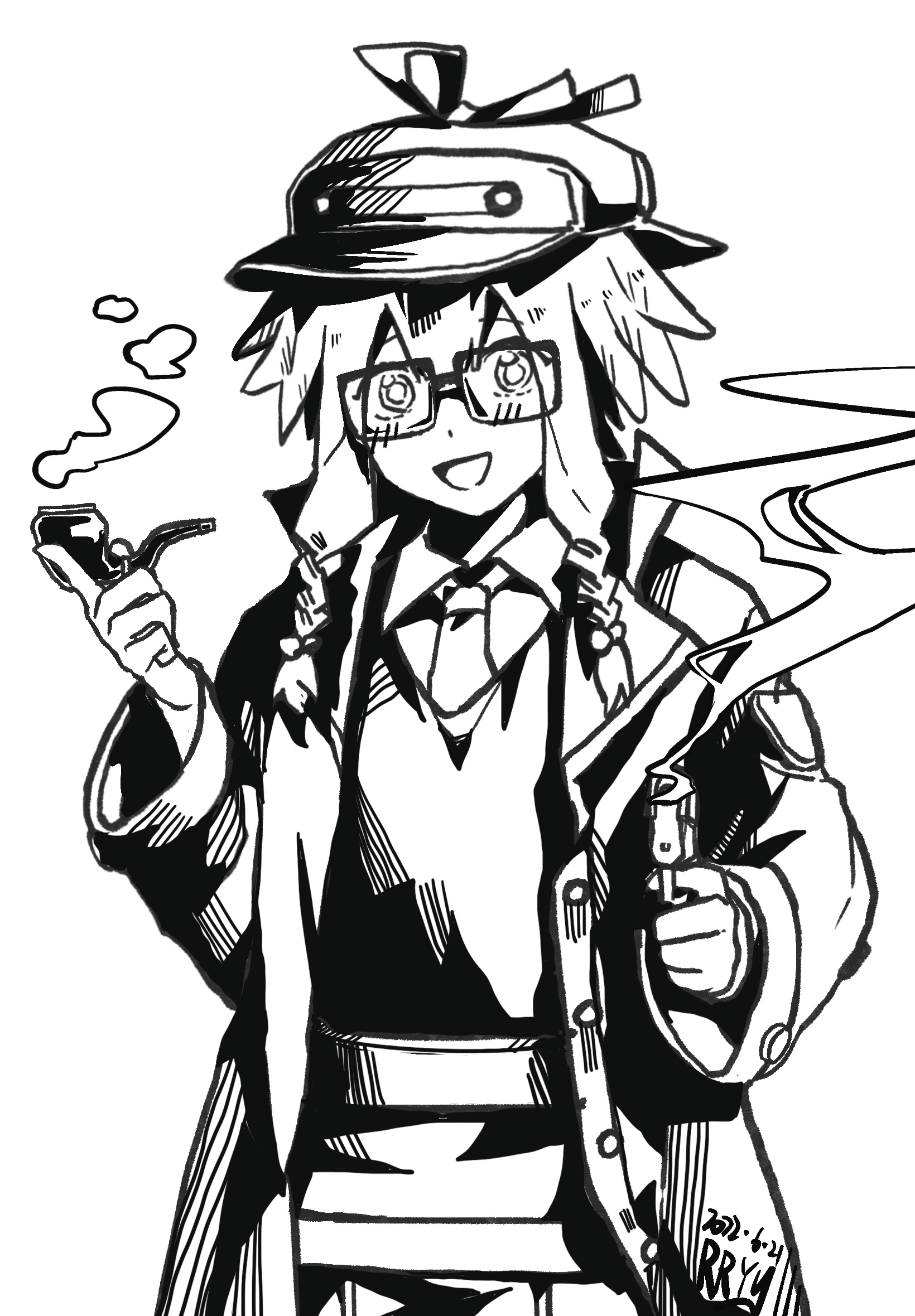 1girl arknights artist_name coat dated deerstalker greyscale gun handgun hat highres holding holding_gun holding_smoking_pipe holding_weapon looking_at_viewer may_(arknights) may_(elite_ii)_(arknights) monochrome necktie open_mouth pov rectangular_eyewear rryy short_hair_with_long_locks smoke smoking_barrel smoking_pipe solo weapon