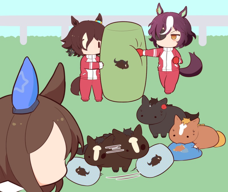 3girls admire_japan_(racehorse) admire_vega_(umamusume) afterimage animal_ears boxing_gloves brown_hair commentary creature_and_personification ear_covers ear_ornament eyepatch fence flower gloves gomashio_(goma_feet) hair_over_one_eye head_on_pillow holding horse horse_ears horse_girl horse_print horse_tail light_brown_hair long_sleeves minimized motion_lines multiple_girls one_eye_covered outdoors personification pillow real_life red_flower red_gloves red_track_suit shaking_head short_hair single_ear_cover sweatdrop tail tanino_gimlet_(racehorse) tanino_gimlet_(umamusume) track_suit umamusume vodka_(umamusume) white_hair yellow_eyes yogibo |_|
