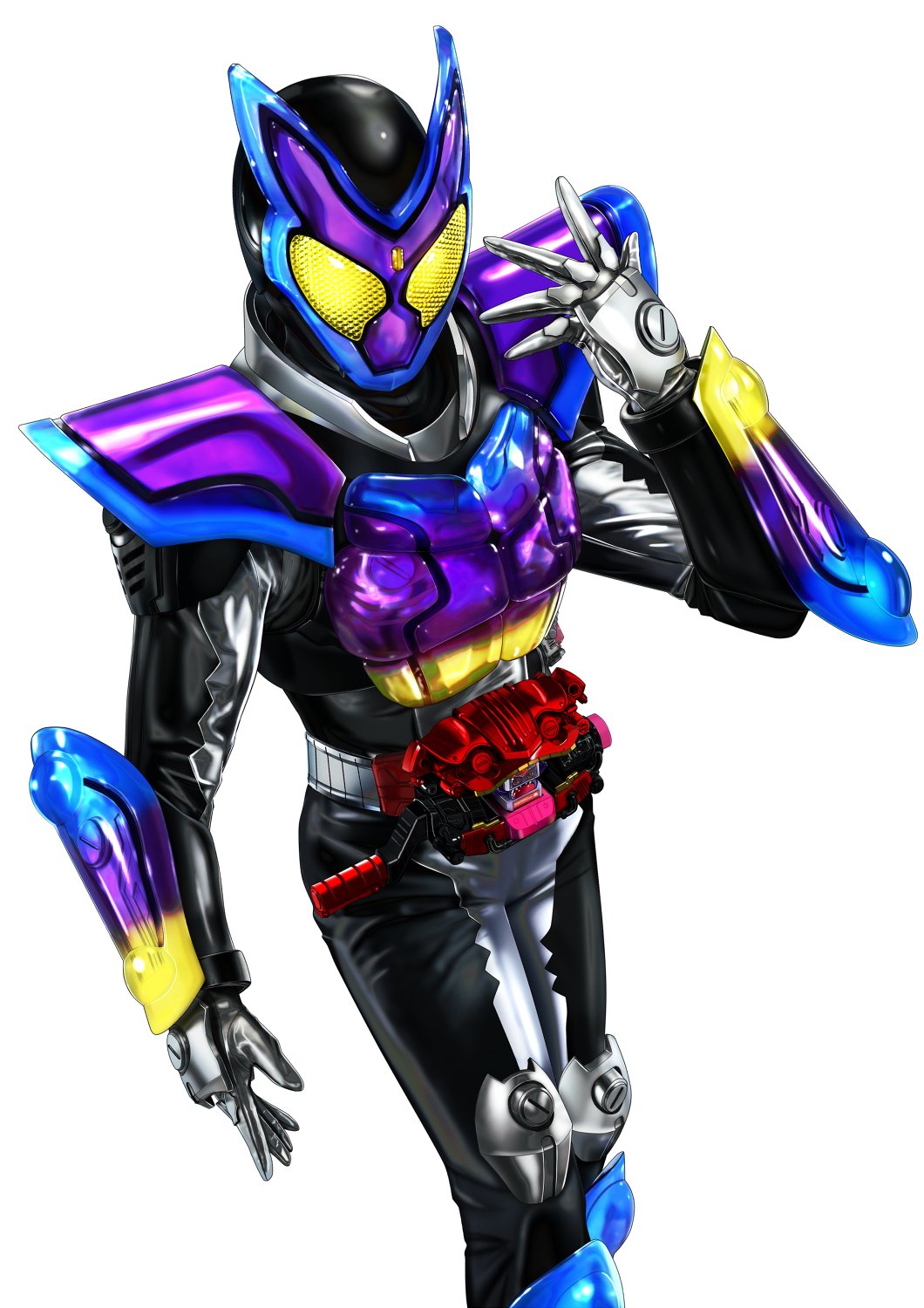 adk-em armor bandai bandai_namco body_armor bodysuit candy compound_eyes crank food full_body grey_bodysuit gummy_candy henshin_belt_gavv highres ishimori_prod jelly_bean kamen_rider kamen_rider_gavv kamen_rider_gavv_(poppingummy_form) kamen_rider_gavv_(series) looking_at_viewer male_focus masukudo_(hamamoto_hikaru) multicolored_armor poppin_gummy_gochizou purple_armor rider_belt simple_background solo thighs toei_company tokusatsu tv_asahi white_background yellow_eyes