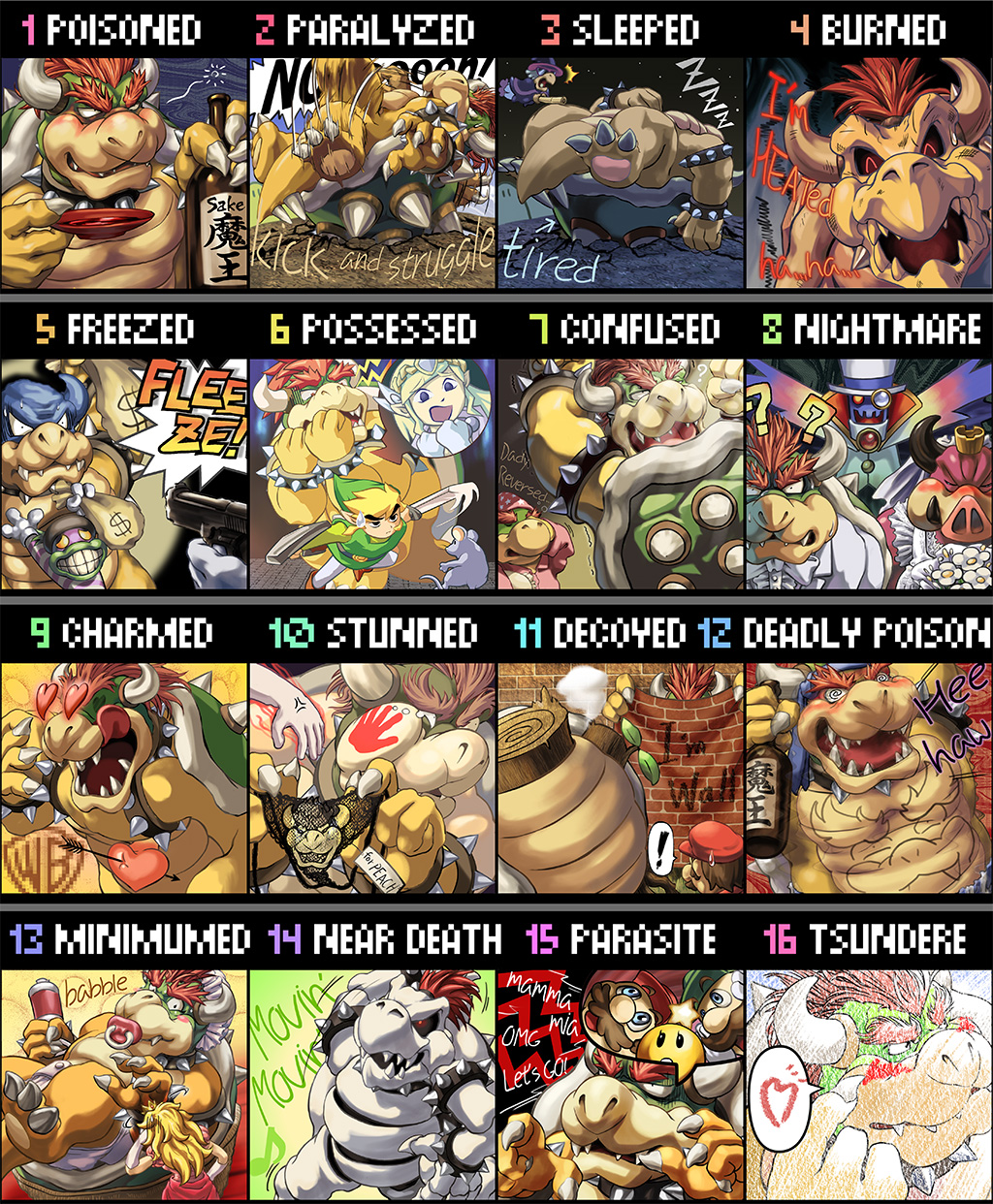 3girls 6+boys alcohol blush bowser bowser_jr. count_bleck crossover drunk dry_bowser gloves highres horns kammy_koopa link luigi mario mario_&amp;_luigi_rpg mario_(series) masa_(bowser) mask midbus monocle multiple_boys multiple_girls nintendo panties paper_mario popple possessed possession princess_peach princess_zelda skeleton slapping sleeping spikes starlow super_mario_bros._1 super_paper_mario the_legend_of_zelda toon_link underwear
