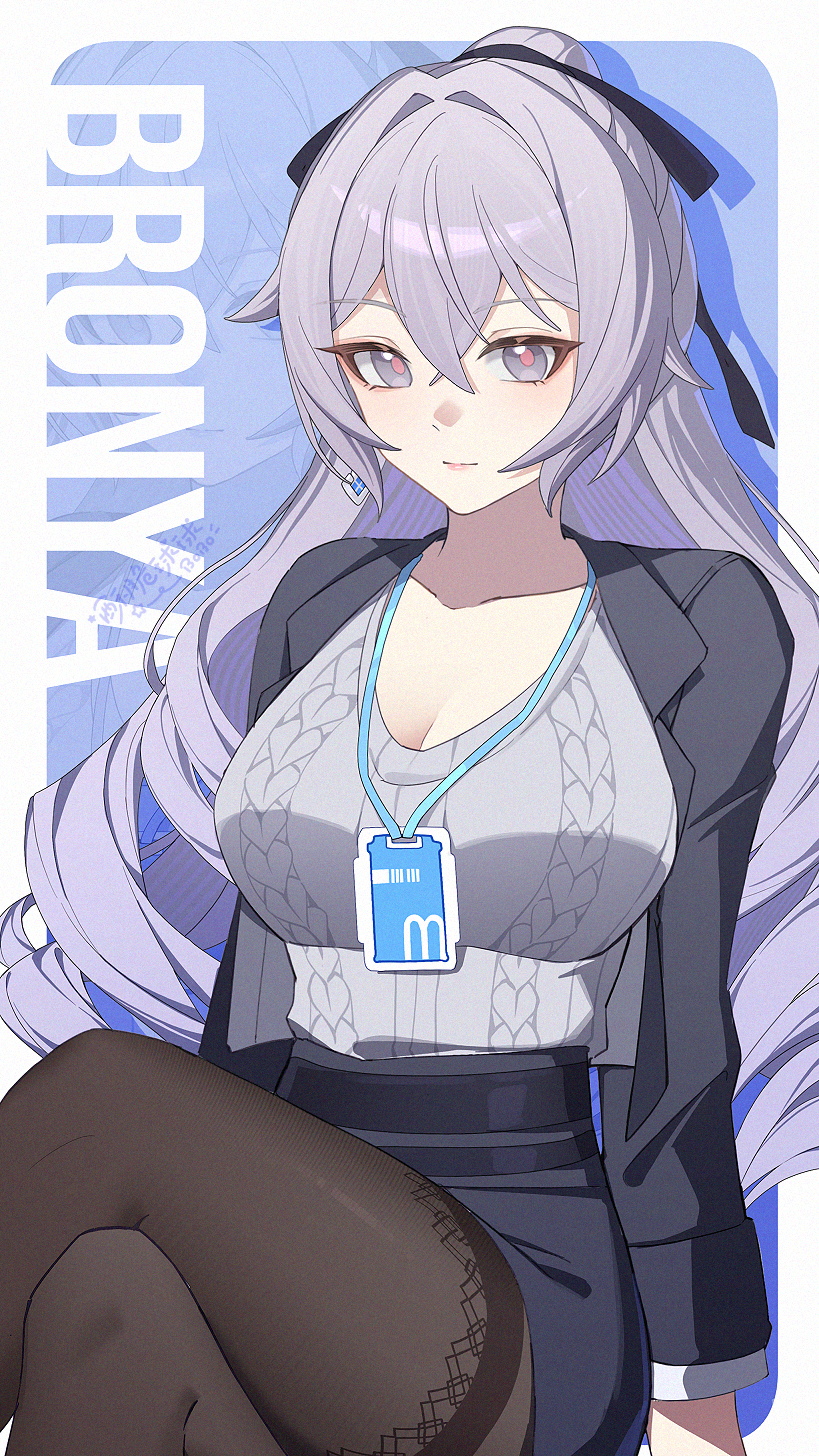 1girl black_jacket black_pantyhose black_skirt breasts bronya_zaychik bronya_zaychik_(outstanding_attitude) bronya_zaychik_(silverwing:_n-ex) character_name cleavage closed_mouth collarbone commentary_request crossed_legs earrings grey_eyes grey_hair grey_shirt hair_between_eyes highres honkai_(series) honkai_impact_3rd id_card jacket jewelry lanyard large_breasts long_hair looking_at_viewer office_lady official_alternate_costume open_clothes open_jacket pantyhose pink_pupils ribbed_shirt shirt sitting skirt so_zei_tama_tama solo very_long_hair