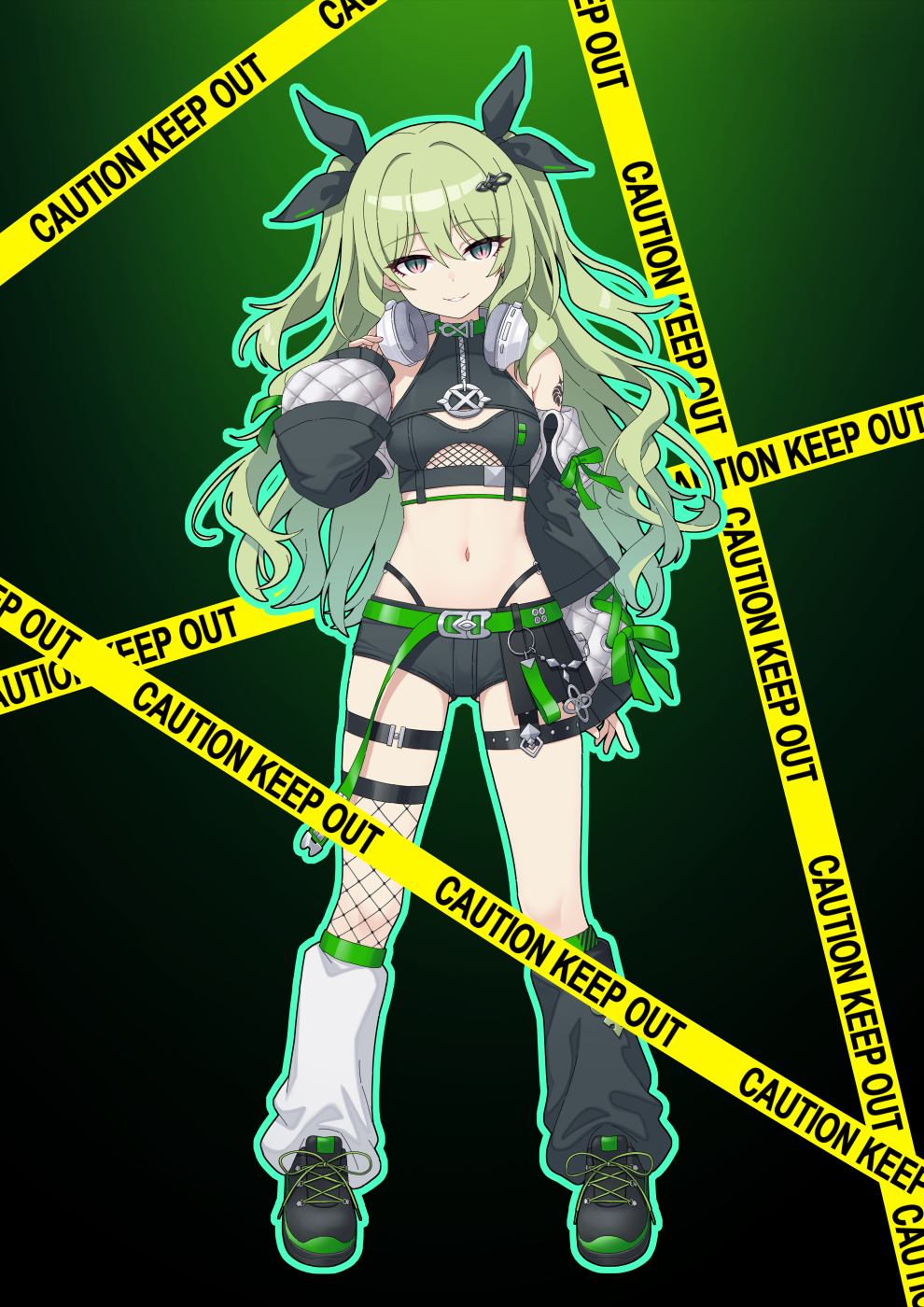 1girl asymmetrical_legwear black_panties black_ribbon black_shoes black_shorts black_sleeves black_socks blue_outline breasts caution_tape commentary fishnet_thighhighs fishnets green_eyes green_hair hair_between_eyes hair_ribbon headphones headphones_around_neck heijialan highleg highleg_panties highres honkai_(series) honkai_impact_3rd keep_out kneehighs long_hair long_sleeves loose_socks mismatched_legwear mobius_(honkai_impact) mobius_(razer)_(honkai_impact) navel official_alternate_costume outline panties puffy_long_sleeves puffy_sleeves ribbon shoes short_shorts shorts single_thighhigh sleeves_past_wrists small_breasts smile socks solo symbol-only_commentary thighhighs two_side_up underwear very_long_hair white_socks